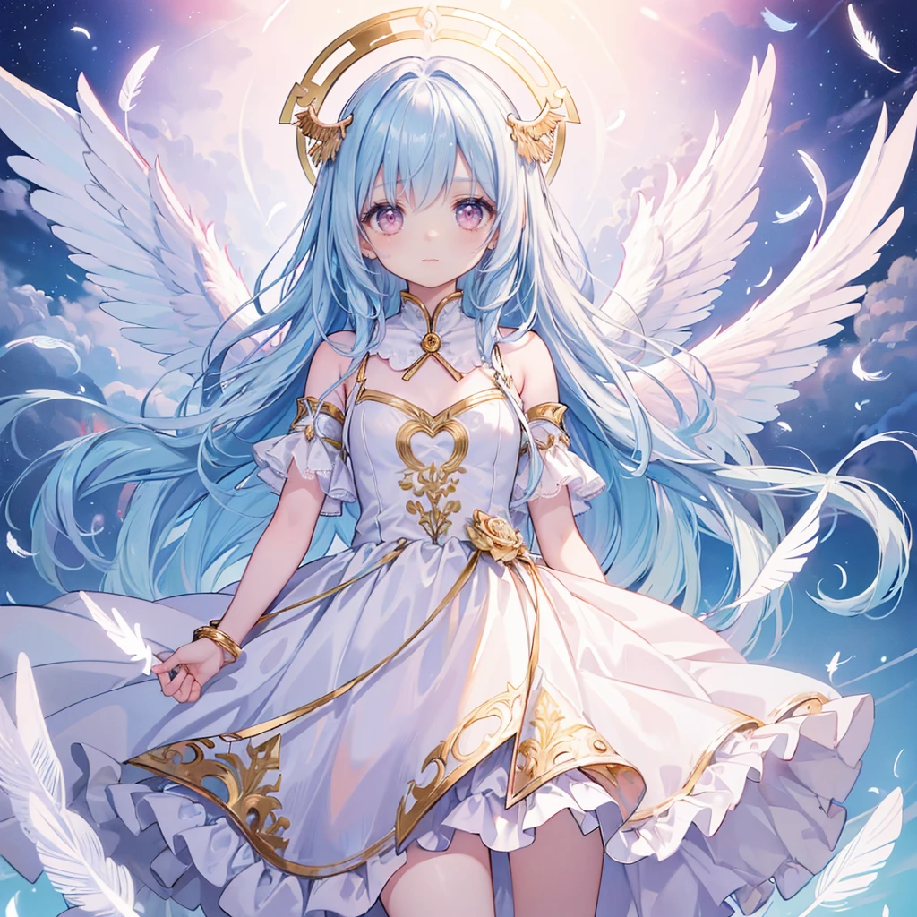 (((masterpiece, high quality))), expressive eyes, 1girl, angel girl, (((wings))), pink eyes, (gold and white feathers), celestial, demonic realm background, (((light blue hair))), ((very long curly hair)), angelic dress