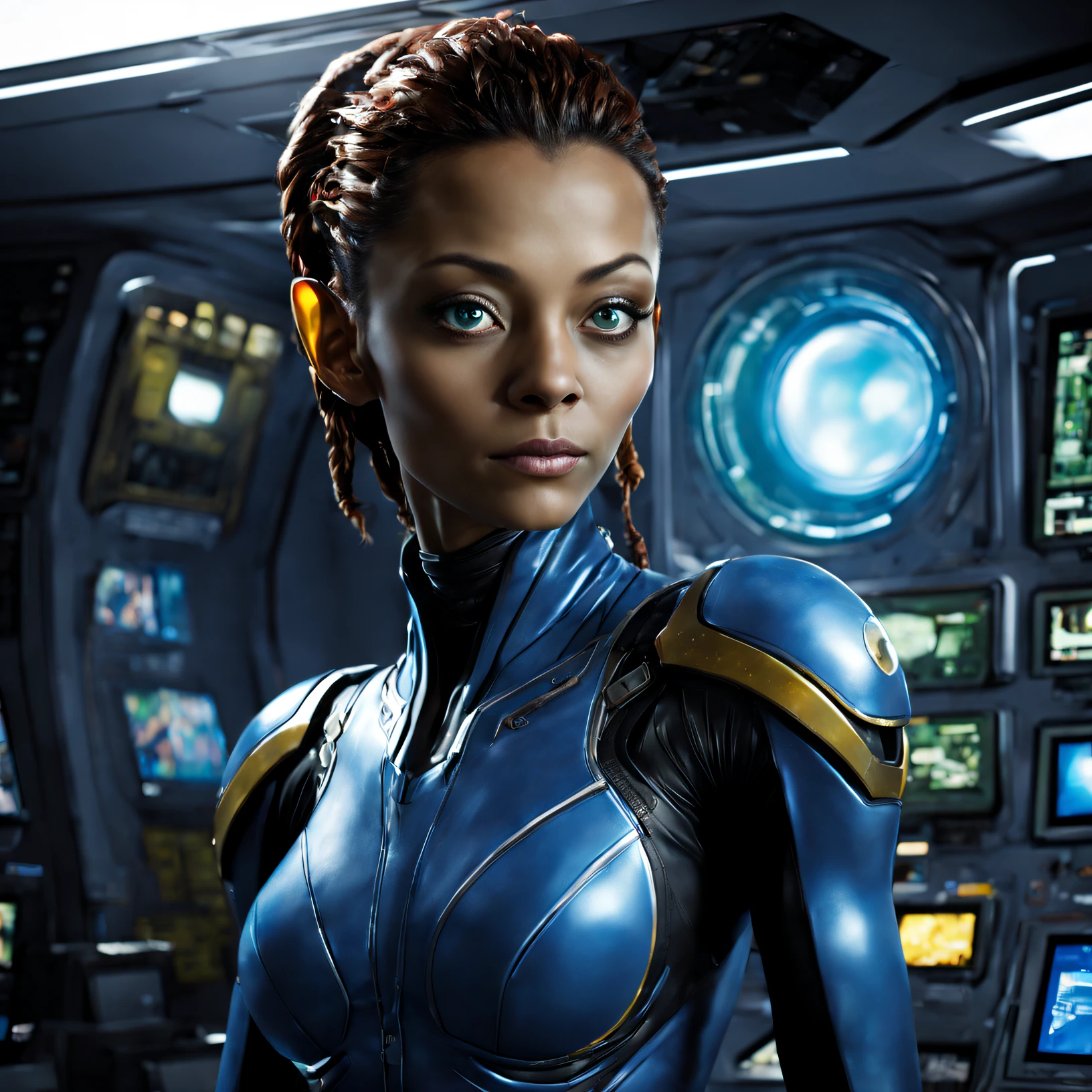 alien alien female (A mix of Amber from Marvel Comics and Netiri from Avatar), largeeyes, Super tech suit, It is located in the space station control center.