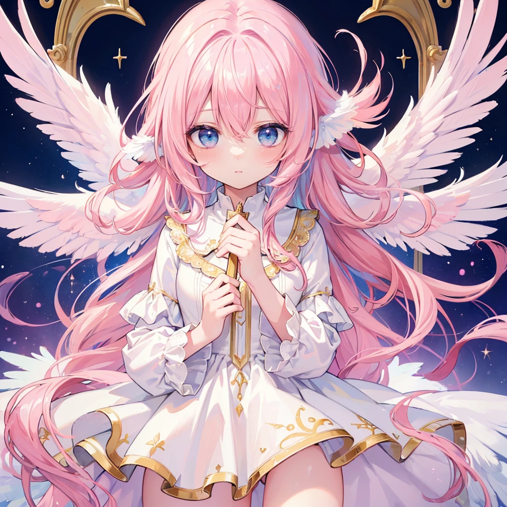 (((masterpiece, high quality))), expressive eyes, 1girl, angel girl, (((wings))), light blue eyes, (gold and white feathers), celestial, demonic realm background, (((pink hair))), ((very long curly hair)), angelic dress
