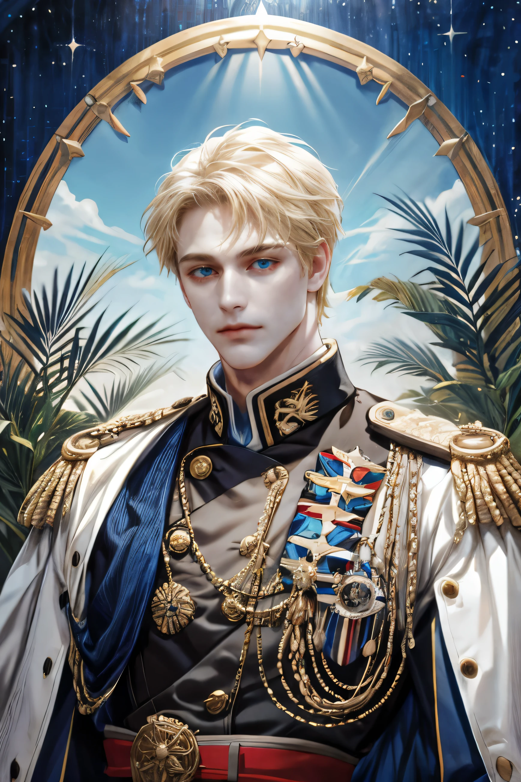 (absurdres, highres, ultra detailed), 1 male, solo, mature, handsome, tall muscular guy, broad shoulders, intricate details, colorful, highest detailed, Fantasy, royal, nobleman, Admiral, short hair, blonde hair, blue eyes, fleet commander, navy, commander, white uniform