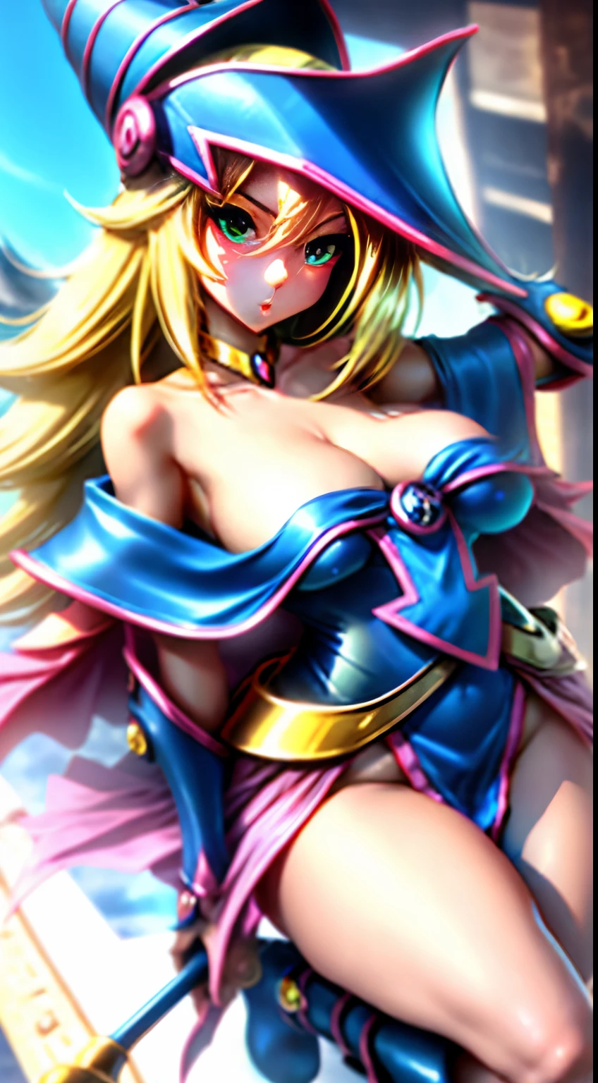 Hermosa joven dark magician gils con cabello rubio y ojos verdes、Anime style、small  boobs. Pose sujestiva y . Cara de inocencia cuerpo de pecado. Fondo de magia. Circulos magicos.