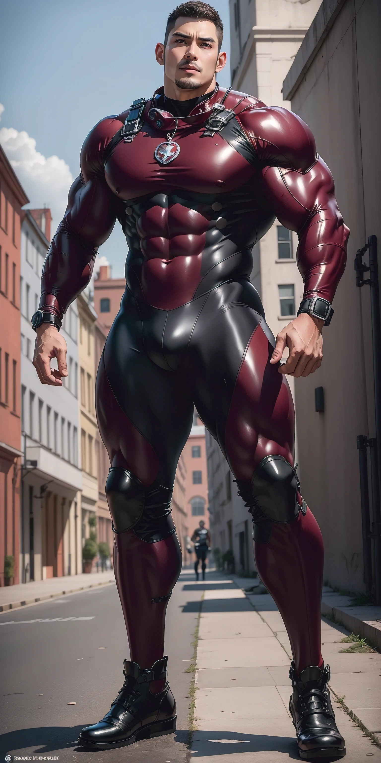 A tall, muscular man 2 meters tall opened his mouth and shouted.，giant police，character  design（生化危机 - Chris Redfield，Chris Redfield）Wearing a shiny burgundy wetsuit，High leather texture，Regular symmetrical texture pattern，Standing alone in the ruins of the city in the open air, Bright sunlight shines on the body，expression sad，A hero with deep and charming pupils，heroic masculine pose，Tall and burly，musculous！Sexy and attractive leg muscles，tall, Burly, and strong， Wearing a shiny burgundy wetsuit， Super gain and cool， commission for high resolution， Big feet wearing dark black boots，Charming strong man，Bright sunlight shines on the body，Reflective and shiny