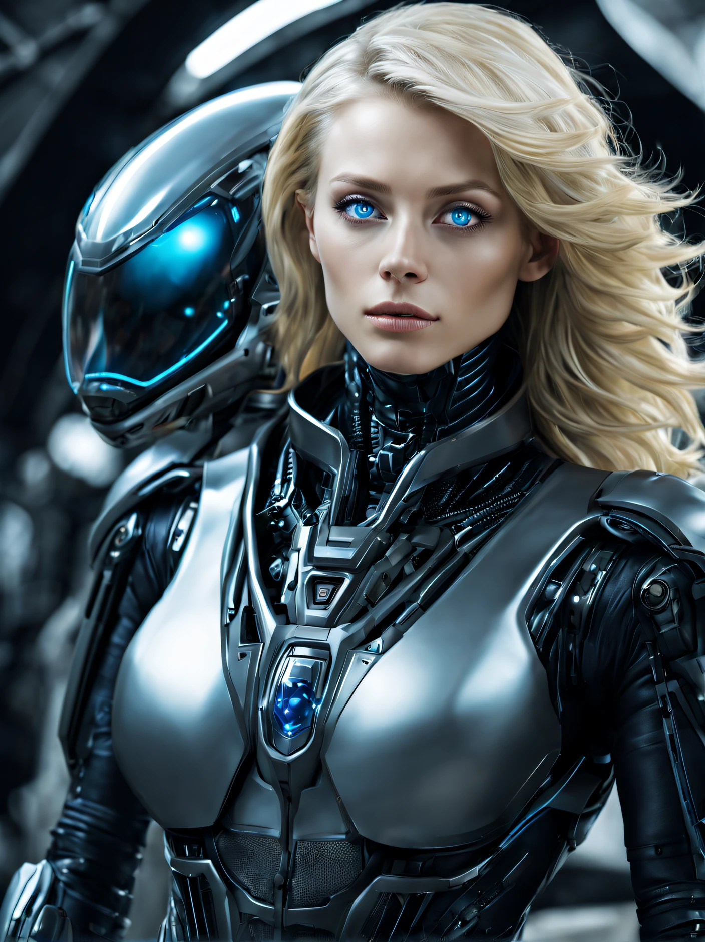 Alien biomechanics wearing stealth suits,, blonde with blue eyes, eBlue eyes, tmasterpiece, Attractive, looking at viewert