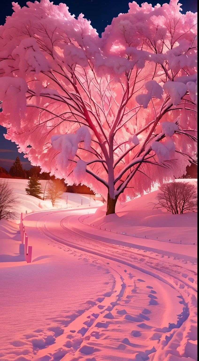 There is a heart-shaped tree in the middle of the snow path, breath - taking The beautiful trees, breath-taking The beautiful trees, Pink soft light 4K, glowing snow, pink trees, The beautiful photography, stunning cinematography, absolutely outstanding image, The beautiful, very The beautiful photo, The beautiful image ever created, dramatic pink light, The beautiful!!!, Magical tree, Suffocating, pink landscape