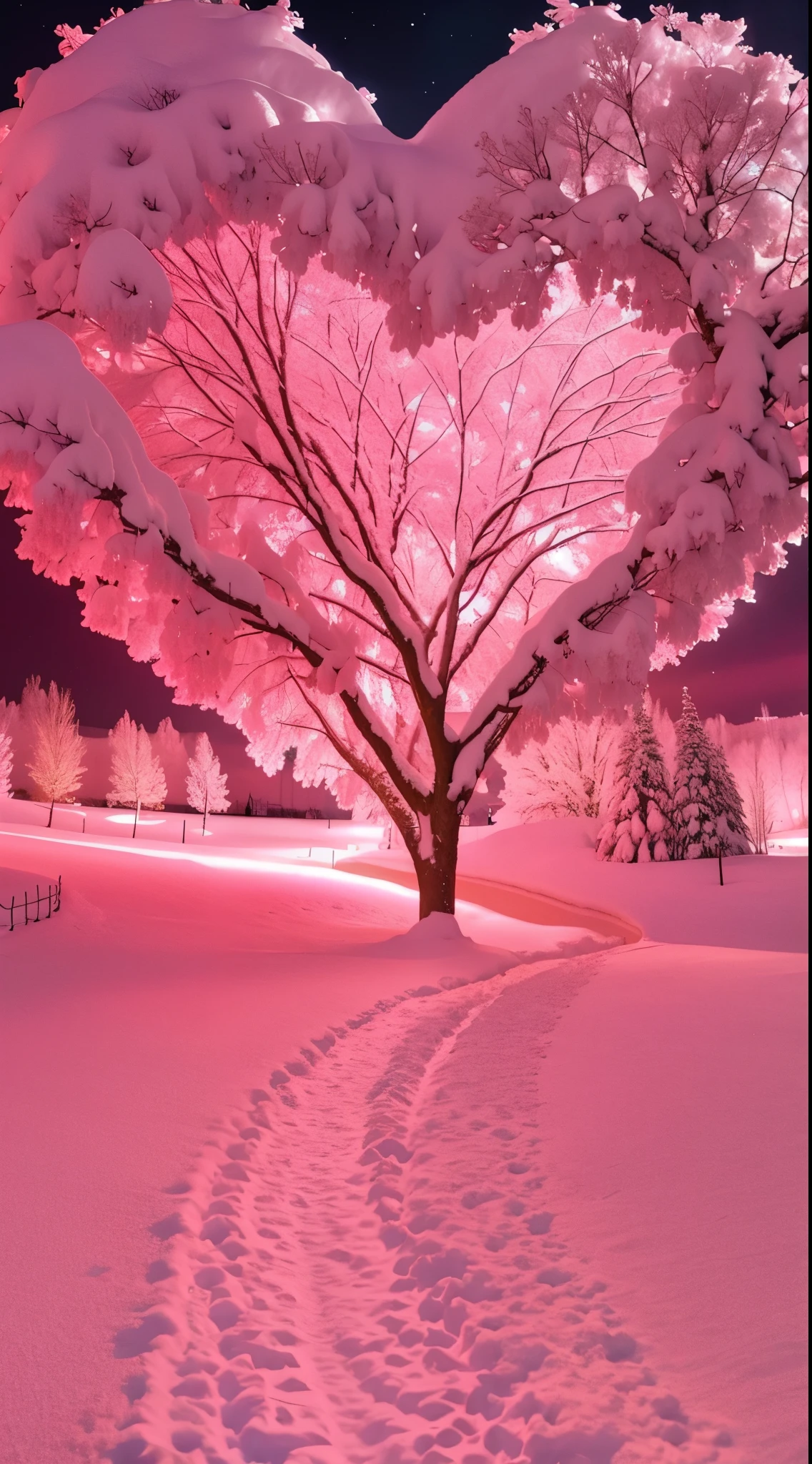 There is a heart-shaped tree in the middle of the snow path, breath - taking The beautiful trees, breath-taking The beautiful trees, Pink soft light 4K, glowing snow, pink trees, The beautiful photography, stunning cinematography, absolutely outstanding image, The beautiful, very The beautiful photo, The beautiful image ever created, dramatic pink light, The beautiful!!!, Magical tree, Suffocating, pink landscape