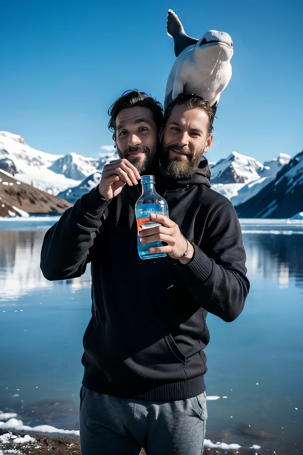 man, ((adult:1.5)), 40 years old,  (masculine features), middle aged, shared oversized turtleneck, standing,boot,hood,((beard)),snow,posing in front of a frozen lake in alaska as an whale jumps from the water,cold,frozen, winter, yoga pants, (big bulge) , pensive, 8k, photography, realistic, Swedish, conjoined dicephalus, two heads, glaciers in background, with stuff, drinking from a bottle of vodka,(((2heads)))