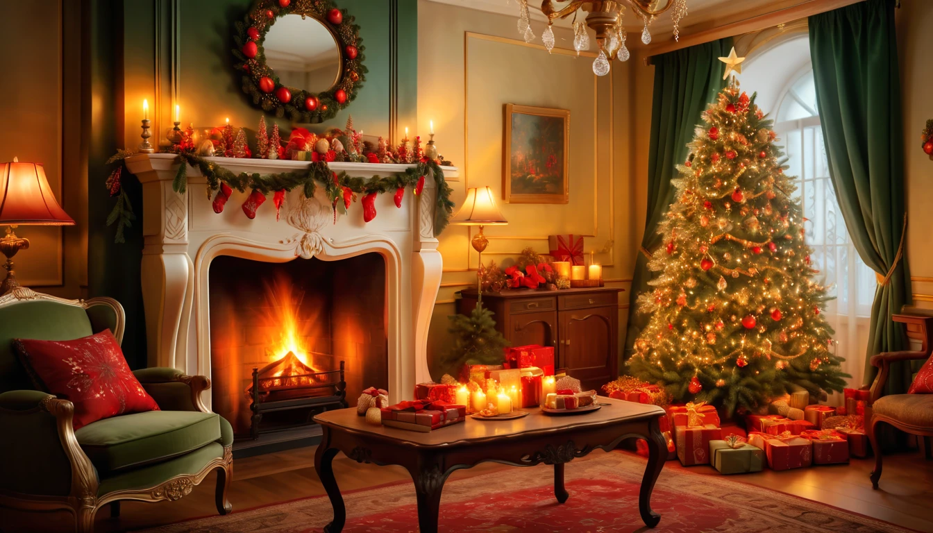 cozy European-style bedroom, Christmas themed decorations, warm festive atmosphere, elegant Victorian furniture, sparkling Christmas tree adorned with lights and ornaments, stockings hung with care on a beautifully crafted mantelpiece, soft ambient lighting creating a gentle glow, vibrant reds and greens enhancing the holiday spirit, exquisite fine details on the Christmas decor, soft textures of plush blankets and pillows, intricate wallpaper design, subtle scent of pine and cinnamon in the air, vintage oil painting style, touched by the gentle flicker of candlelight, golden hues, soft shadows, well-lit room with a touch of bokeh in the background ligh quality,8k,highres,masterpiece:1.2), ultra-detailed, (photorealistic:1.4)