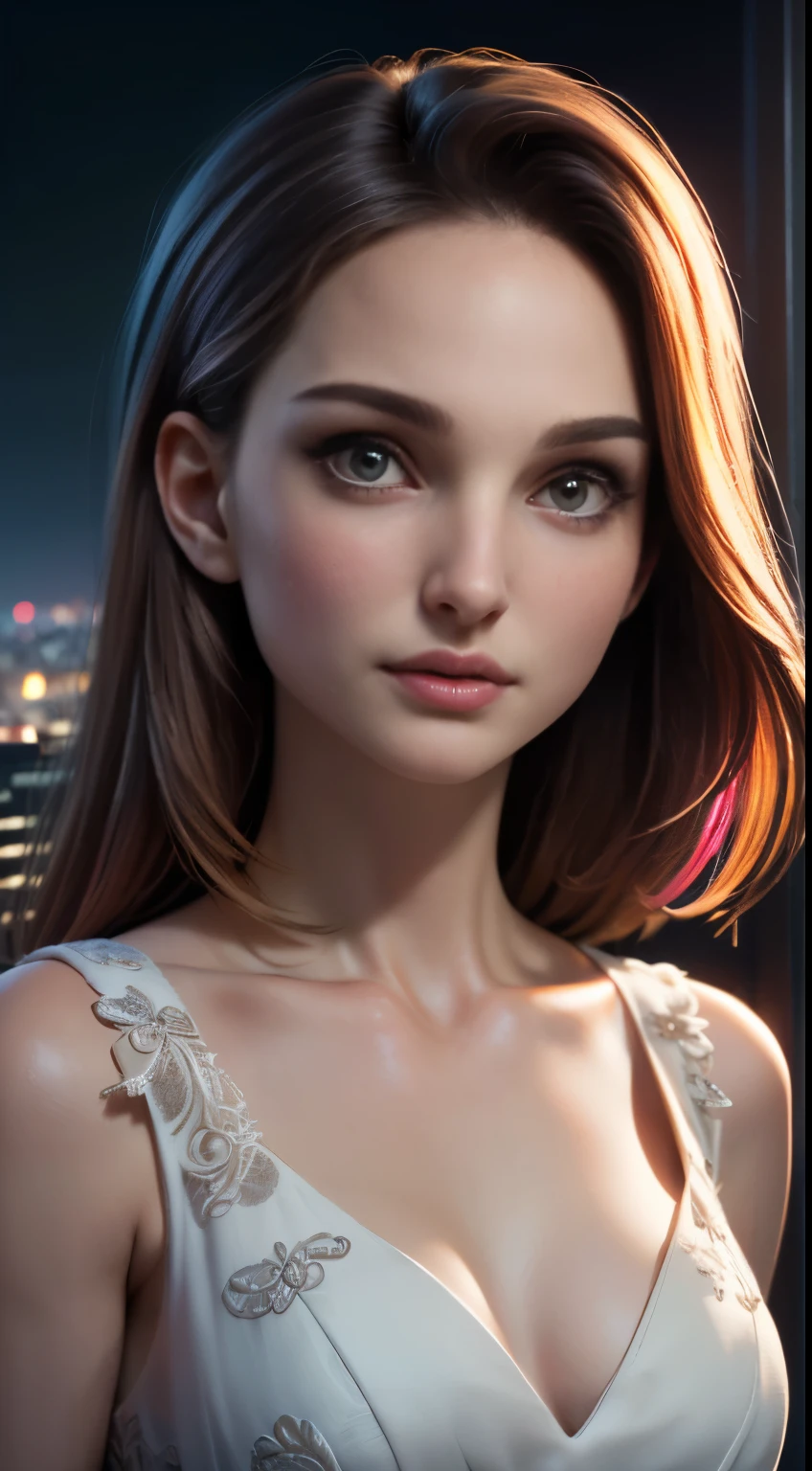 photo of Natalie Portman, RAW, beautiful woman, ((portrait)), ((detailed face:1.2)), ((detailed facial feature, detailed skin, clear skin), (perfect proportioned body), (wearing a colorful dress) (high detailed city environment, apartment balcony), (realistic photo, best quality, detailed), (8k wallpaper), (cinematic lighting, dramatic lighting) (sharp focus, intricate)