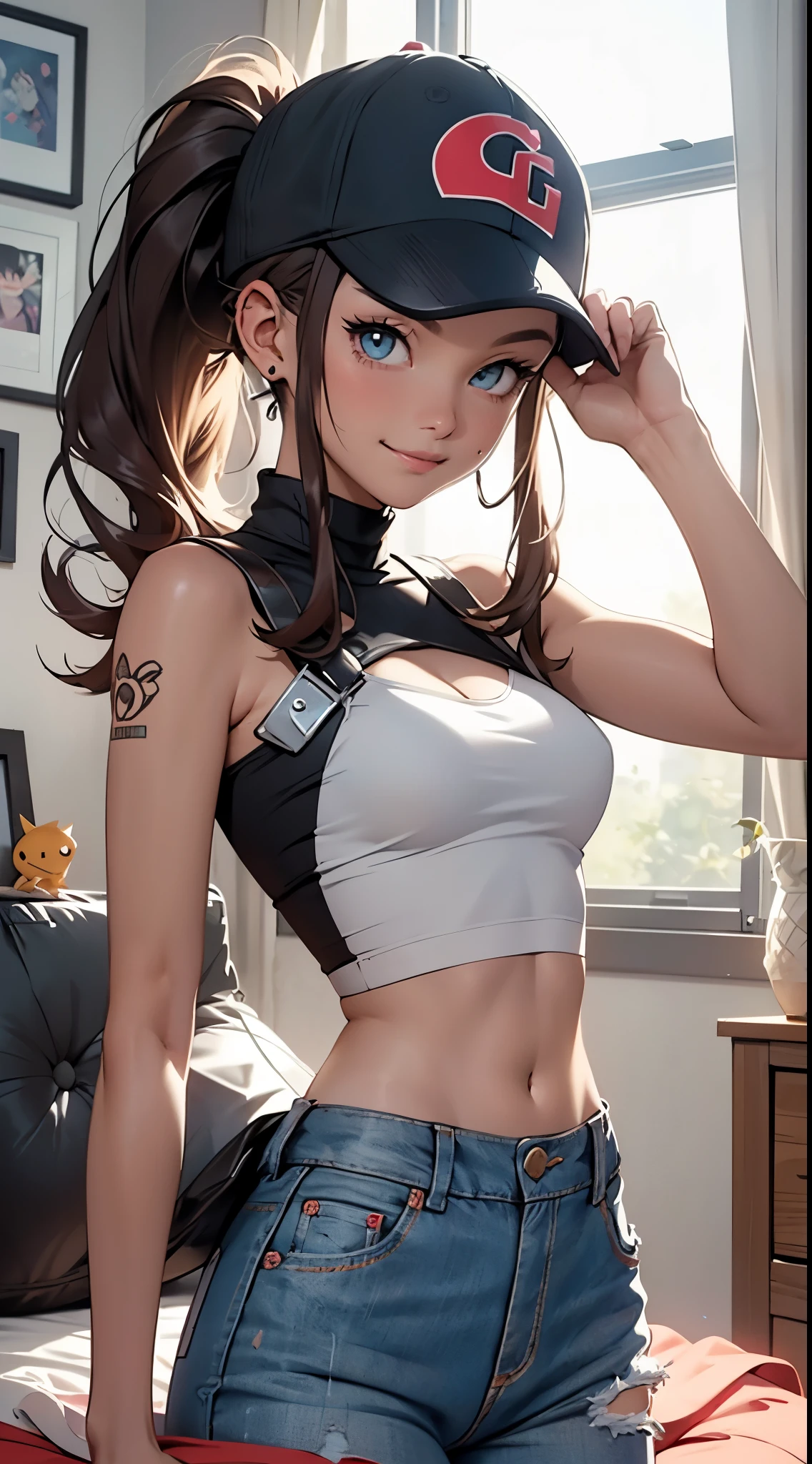 (looking at viewer:1.4), portrait, (standing:1.2),(supermodel:1.2), (frilled bra:1), hilda_(pokemon), 1girl, hat, denim, brown_hair, holding, baseball_cap, blue_eyes, long_hair, {{laughing}}, hand__the_peace_symbol, high_ponytail, ponytail, small_breasts, toppless, nude, big smile, (Punk rock fashion), upper body piercing, bedroom, Pokemon_style, pokemon_Characters