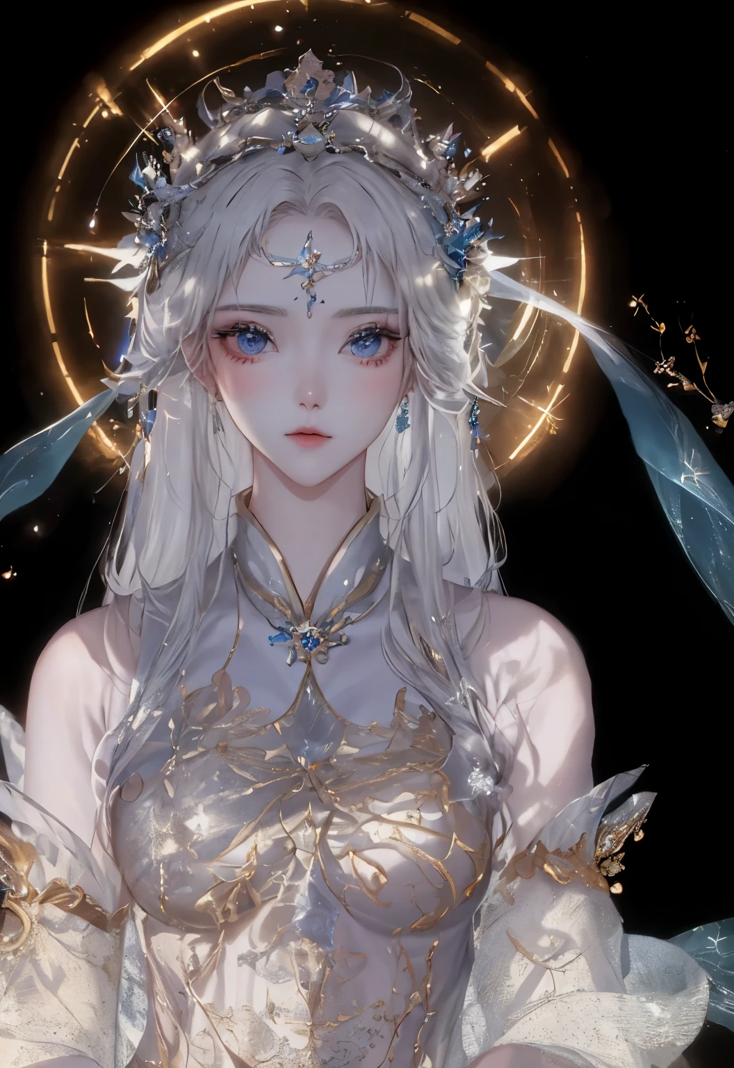 Close-up of a woman with a crown on her head, unreal engine rendered + welcoming, white-haired god, beautiful fantasy queen beautiful fantasy queen)), Complex and gorgeous anime CGI style, 非常细致的welcoming拍摄, Ethereal fantasy, Popular topics on cgstation, Amazing young and ethereal figure, Beautiful celestial mage, EtherealBeauty, ethereal essence