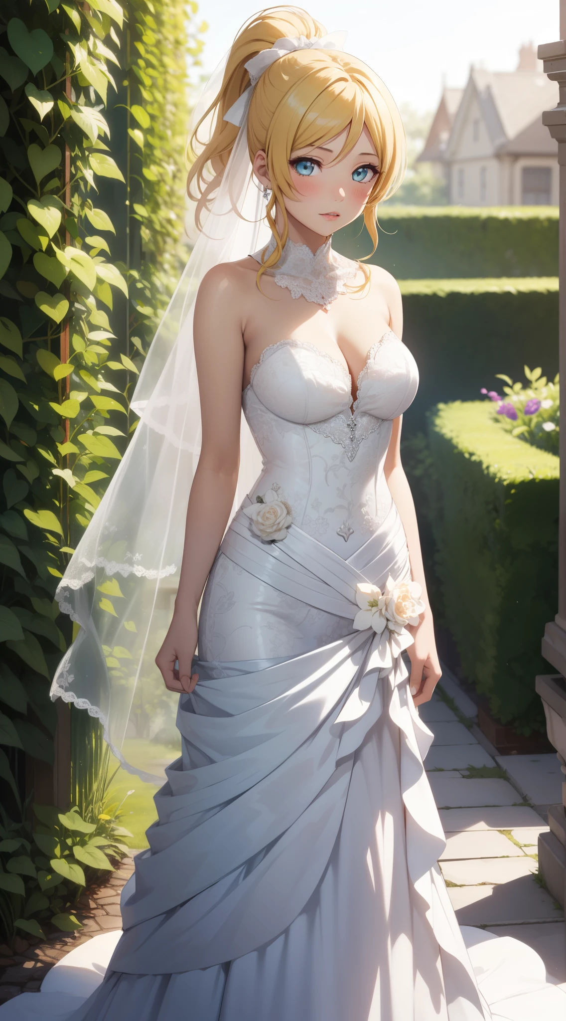 eliayase, eli ayase, yellow hair, blue eyes, ponytail, hair ribbon, masterpiece, best quality, high resolution, unity 8k wallpaper, illustration, beautiful detailed eyes, blush, glossy lips, lips parted, perfect lighting, extremely detailed CG, perfect anatomy, wedding dress, garden, (full body)