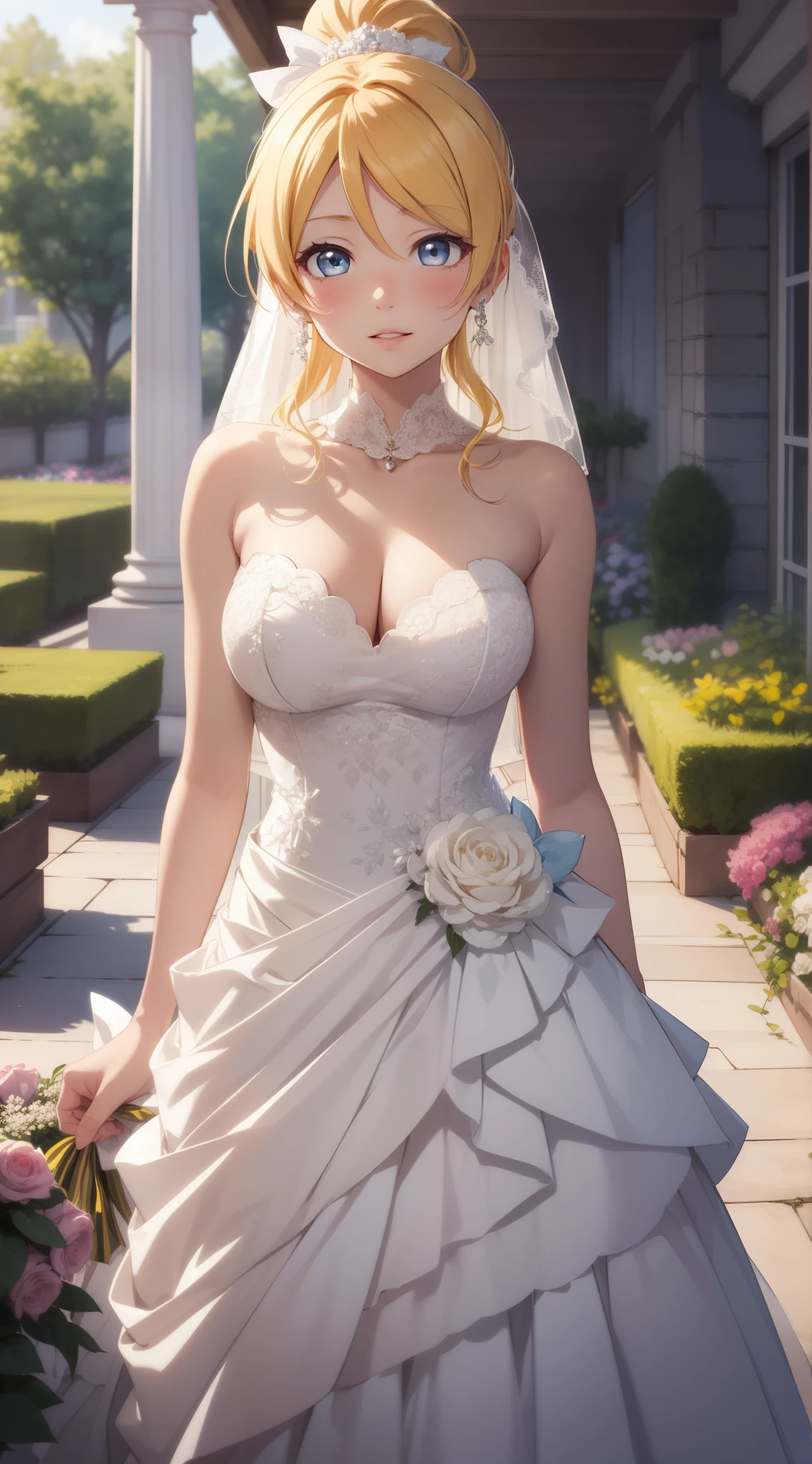 eliayase, eli ayase, yellow hair, blue eyes, ponytail, hair ribbon, masterpiece, best quality, high resolution, unity 8k wallpaper, illustration, beautiful detailed eyes, blush, glossy lips, lips parted, perfect lighting, extremely detailed CG, perfect anatomy, wedding dress, garden, (full body)