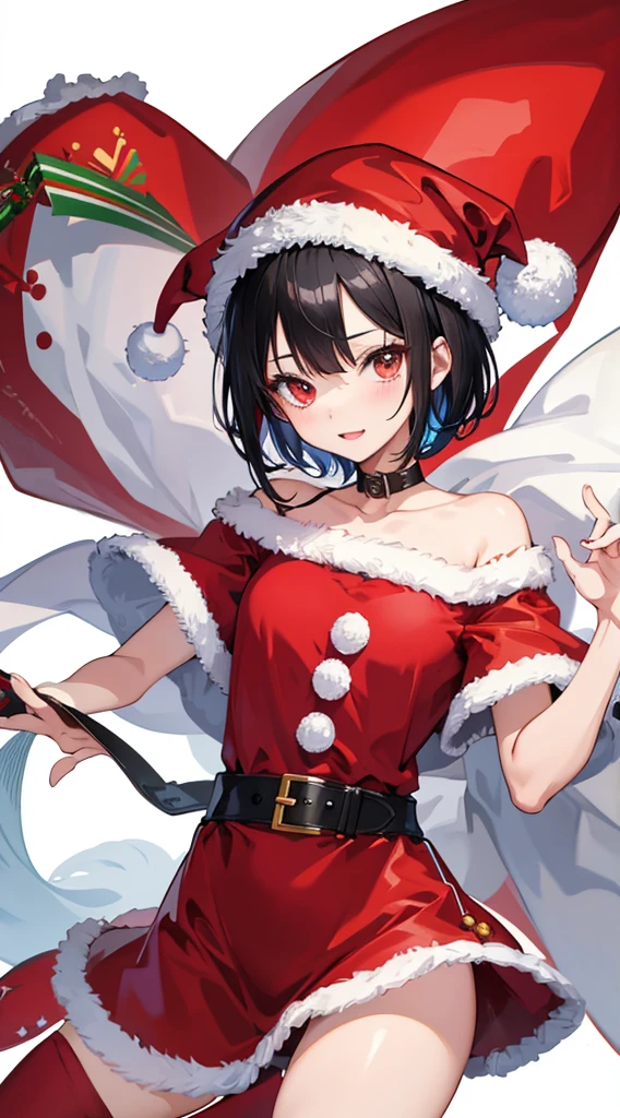 Girl with short black hair、Wearing a Santa Hat、one piece santa costume、one piece santa costumeを着た女の子がカメラを見ている、Reduce skin exposure、Top image quality、digital anime art、Colorful Digital Painting、Anime Style 8K、digital anime illustration、a beautiful anime portrait、Vibrant digital painting、詳細なdigital anime art、nightcity、Christmasの街並み、Christmas、