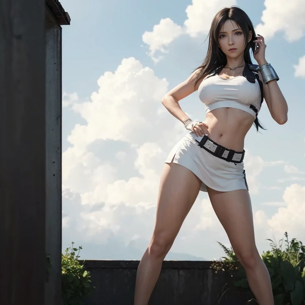 (best quality,ultra-detalhado),(Realistic:1.37),Tifa Lockhart, Rosto bonito e detalhado, maquiagem preta nos olhos, textura ultra realista, rosto delicado, expression serious