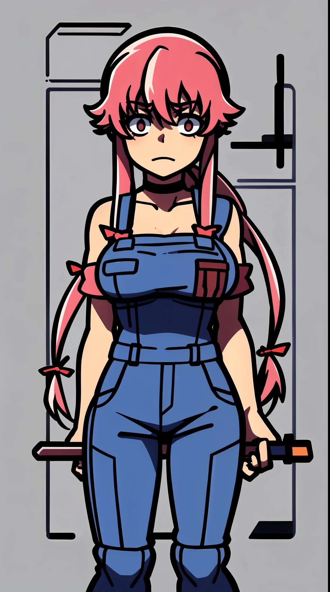 explicit, beautiful, amazing, high quality, detailed background, a woman with large breast in a woods, 1girl, breasts , , , pink hair, large breasts, twintails, long hair, solo focus, mirai nikki, black choker, dark grey overalls, leather gloves, black bootace mask)), red eyes, chasing you through the woods, ((nigth)), crazy, ((crazy eyes)), ((crazy stare)) holding a bloody knife, (fanart of Gasai Yuno), (angry eyes:1.1), (perfect hands:1.4), (masterpiece), best quality, expressive eyes, VHS, ((nigth)), (Parfect Hand:1.3), 4k, 8k, 1980s, from below, (standing over you), wearing a jacket, (Blood:1.1)
