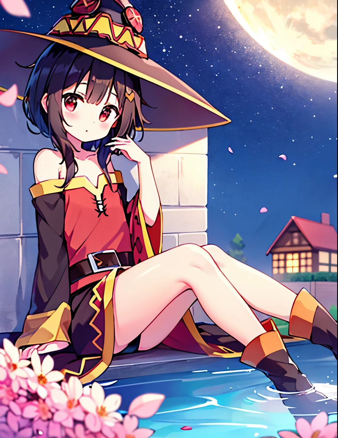 (sitting), small, (bow), (black hair), (short hair), (red eyes), stars in the eyes, hair ornament, (blush), bangs, (a _megumin_konosuba in[(evening dress):(((no socks))):0.4]: 1.2), (bare shoulder), collarbone, (white thighs: 1.2), ruffled sleeves, looking at the viewer,[(night: 1.2),peaceful,sky,((full moon)),stars,(in a courtyard),house,drop of water,pond, (near the pond),tree, flower request, wind: : 0.6], (light refraction lridescent), (floating pink petals: 1.2), (fairy butterfly), dreamer