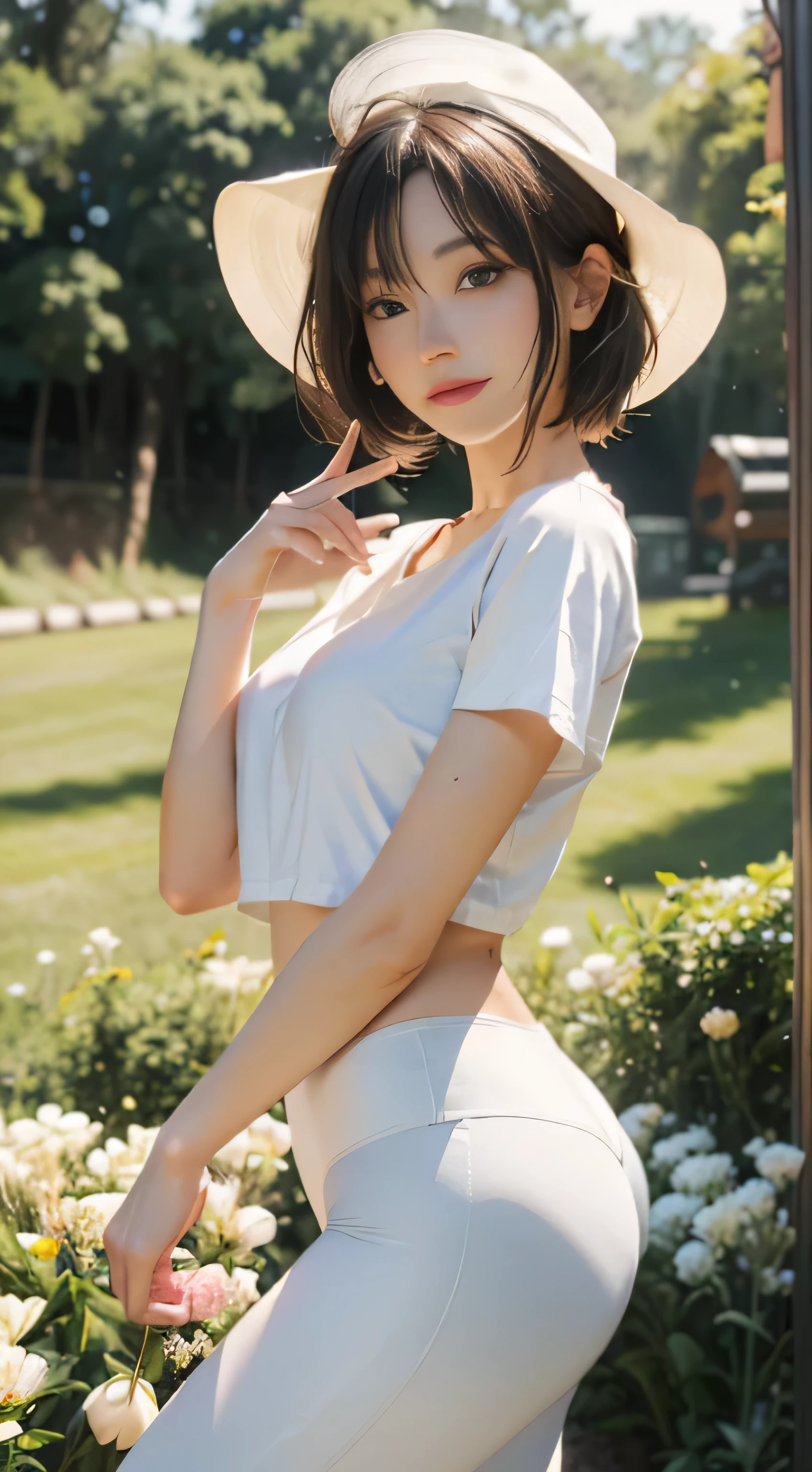 (hyper realisitc), (lamplight), (A high resolution), (8K), (The content is very detailed), (最好的lamplight 美丽的眼睛 最好的品质), (ultra - detailed), (tmasterpiece), (Wallpapers), (Detailed faces), only, (dynamicposes), 1 Sister, White off-the-shoulder shirt paired with sexy super short yoga pants, shoulder, blooming flower field, Skin glows, light  smile, (sinner)，Clear finger contours，without a hat