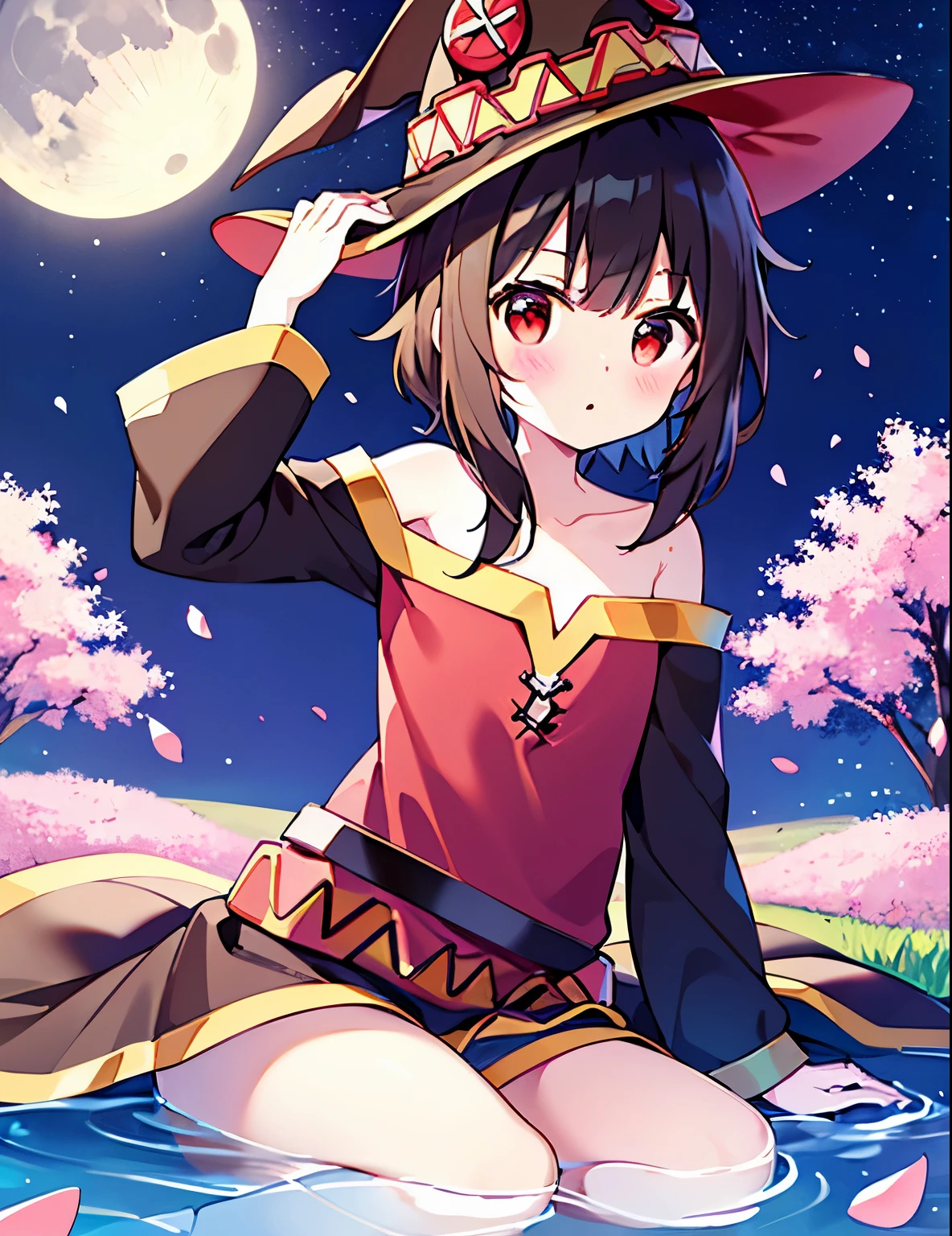 (sitting), small, (bow), (black hair), (short hair), (red eyes), stars in the eyes, hair ornament, (blush), bangs, (a menina_megumin_konosuba in[(evening dress):(((no socks))):0.4]: 1.2), (bare shoulder), collarbone, (white thighs: 1.2), ruffled sleeves, looking at the viewer,[(night: 1.2),peaceful,sky,((full moon)),stars,(in a courtyard),house,drop of water,pond, (near the pond),tree, flower request, wind: : 0.6], (light refraction lridescent), (floating pink petals: 1.2), (fairy butterfly), dreamer