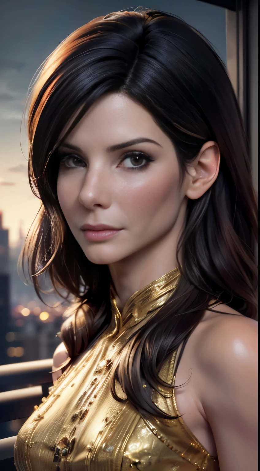 photo of Sandra Bullock, RAW, beautiful woman, ((portrait)), ((detailed face:1.2)), ((detailed facial feature, detailed skin, clear skin), (perfect proportioned body), (wearing a colorful dress) (high detailed city environment, apartment balcony), (realistic photo, best quality, detailed), (8k wallpaper), (cinematic lighting, dramatic lighting) (sharp focus, intricate)