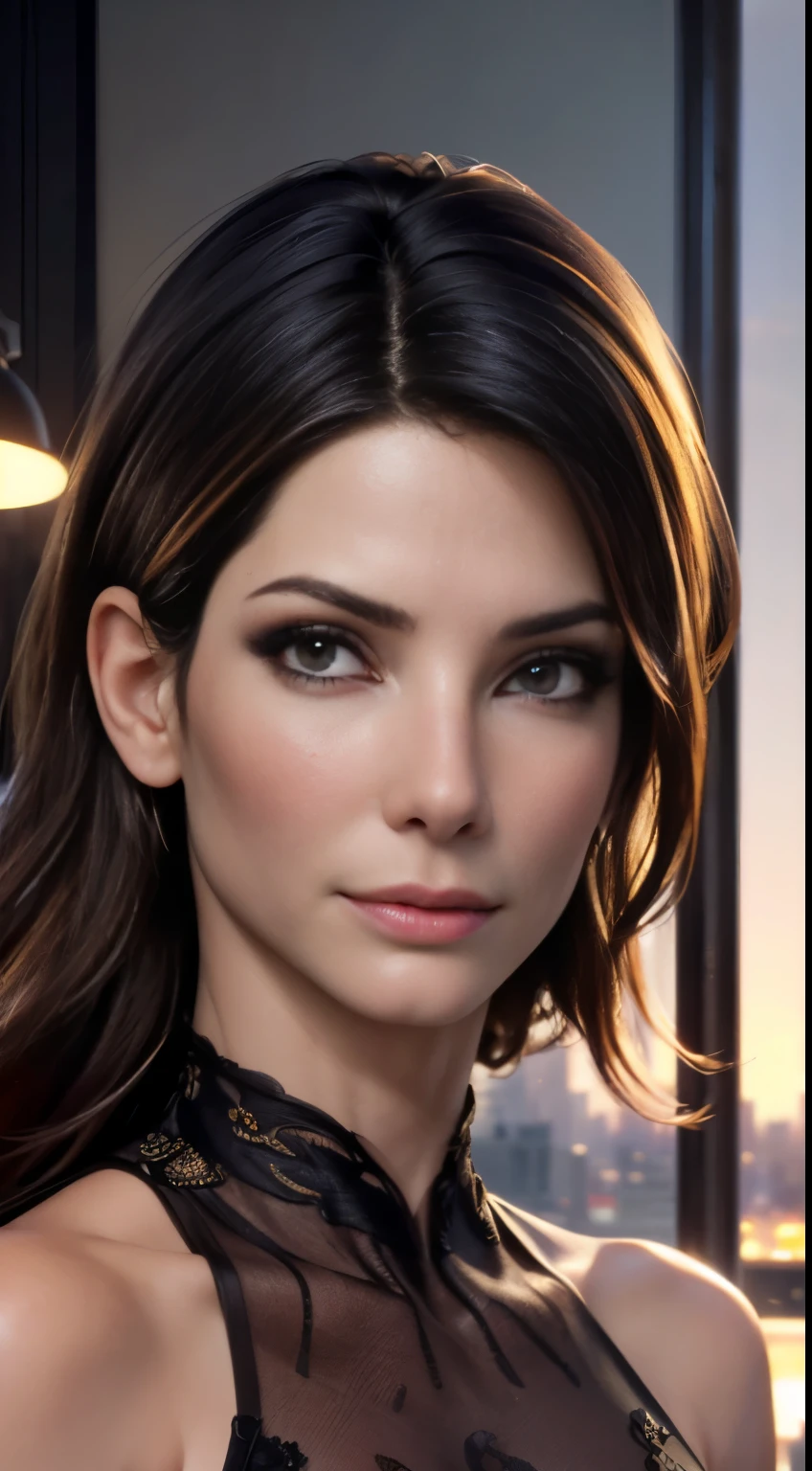 photo of Sandra Bullock, RAW, beautiful woman, ((portrait)), ((detailed face:1.2)), ((detailed facial feature, detailed skin, clear skin), (perfect proportioned body), (wearing a colorful dress) (high detailed city environment, apartment balcony), (realistic photo, best quality, detailed), (8k wallpaper), (cinematic lighting, dramatic lighting) (sharp focus, intricate)