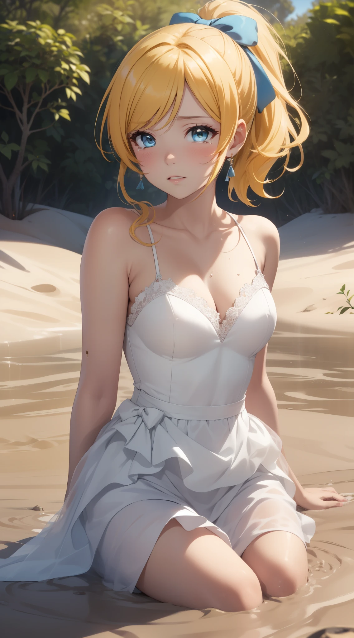 eliayase, eli ayase, yellow hair, blue eyes, ponytail, hair ribbon, masterpiece, best quality, high resolution, unity 8k wallpaper, illustration, beautiful detailed eyes, blush, glossy lips, lips parted, perfect lighting, extremely detailed CG, perfect anatomy, wedding dress, garden, (quicksand:1.3), (tears)