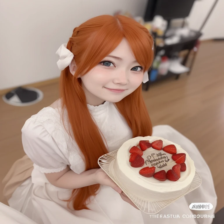 there is a girl holding a cake with strawberries on it, anime girl in real life, happy birthday, japanese maid cafe, by Ayami Kojima, asuka langley, asuka langley soryu, asuka langley sohryu, she has long redorange hair, asuka langley souryuu, portrait of asuka langley soryu, the hime cut, happy!!! yellow color eyes