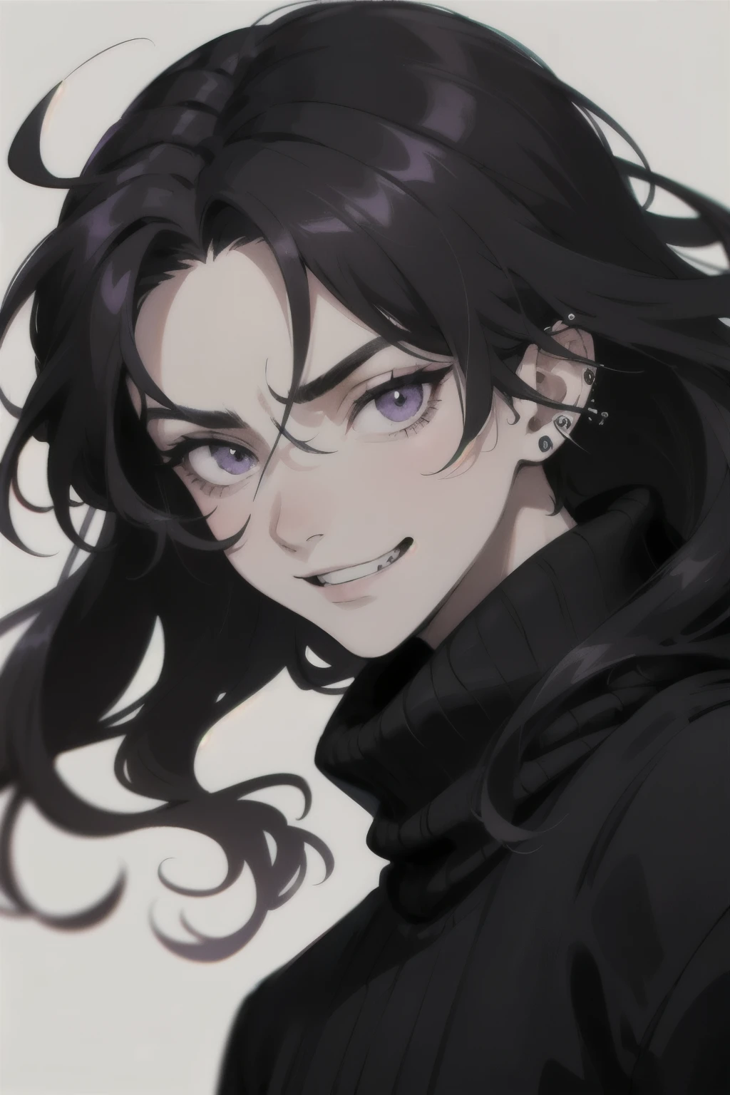 A teenage boy with long, wavy black hair, piercing violet eyes, wearing a black sweater, gazes at the viewer with a psychotic facial expression, sporting a sinister smile and baring his teeth, against a blank white background.