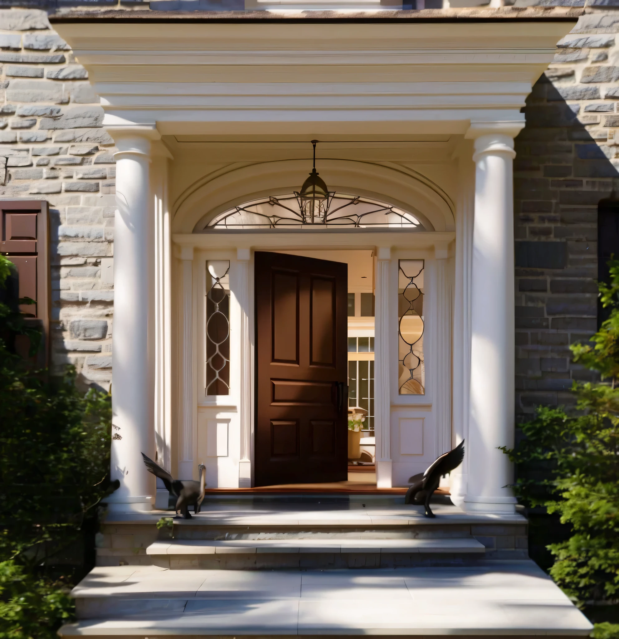 Add a foyer to a building, full - length view, Medium shot panorama, seen from the side, front top side view, viewed in profile from far away, Front side view, side front view, 3/4 View from below, 2022 wide angle exterior shot, Dark old house location, Medium wide angle lens