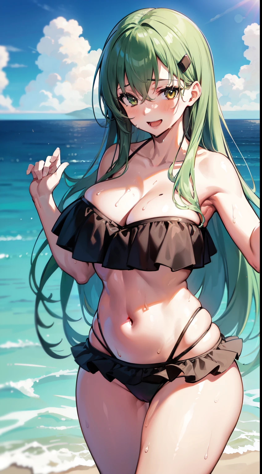 solo, milf, suzuya, kantai collection, huge breasts, long hair, frilled bikini,flared bikini,tube top,long hair, green hair, wide hips,looking at viewer, wide hips, open mouth, smile, beach, sweat body, wet body, light,navel