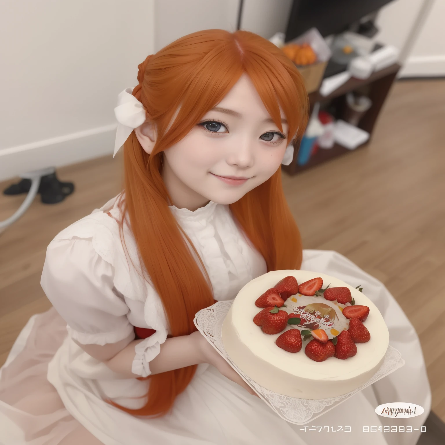 there is a girl holding a cake with strawberries on it, anime girl in real life, happy birthday, japanese maid cafe, by Ayami Kojima, asuka langley, asuka langley soryu, asuka langley sohryu, she has long redorange hair, asuka langley souryuu, portrait of asuka langley soryu, the hime cut, happy!!! yellow color eyes