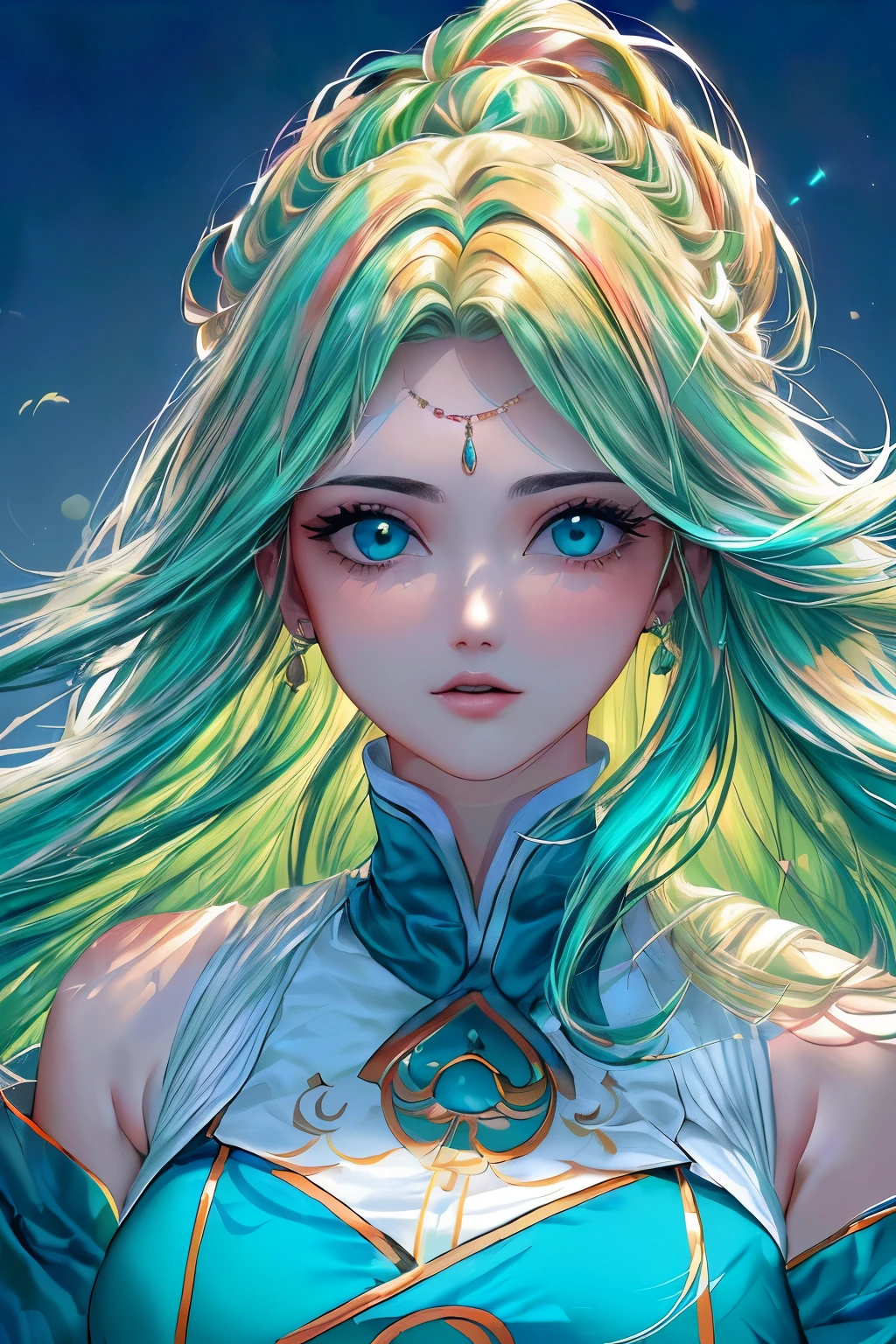 (((master part))),(((best quality))),((ultra-detalhado)),(illustration),(Dynamic angle), ((floating)),(pintar),((cabelos desgrenhados)), (sozinho),(1girl), ((Big_seios)), (((Rosto anima detalhado))),((Rosto bonito e detalhado)),colar,bareshoulders,  cabelos brancos, ((cabelos coloridos)),((cabelos estriadoelos olhos detalhados,(gradient color eyes),(((olhos coloridoundo colorido))),(((high saturation))),(((cercado por salpicos coloridos))),(((cercado por pontos coloridoolha colorida,((shining))