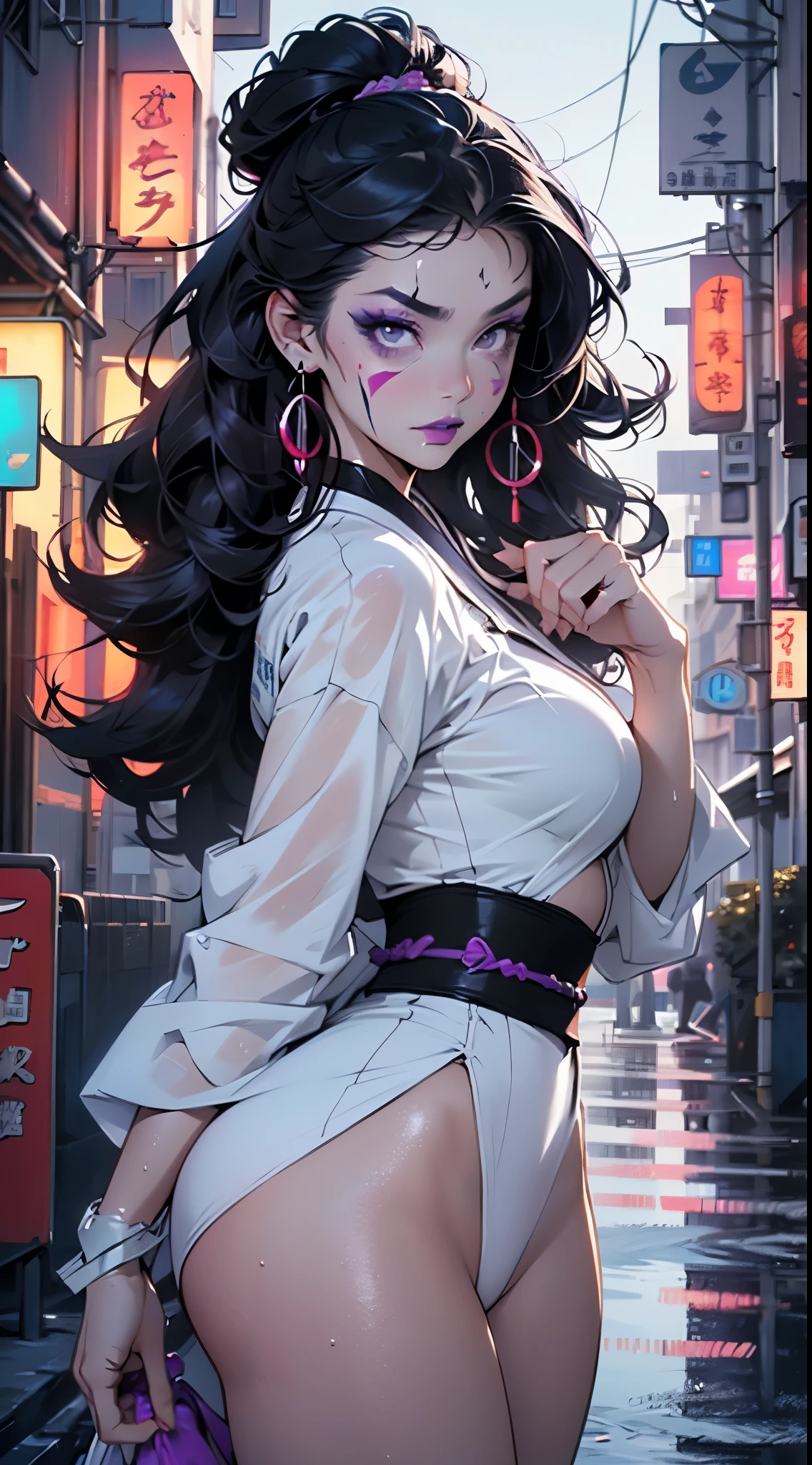 1girl, ((Black hair)), ((Kimono, Geisha)), ((heavy face makeup)), ((hair done up in a Sakkō style)), ((white face paint)), ((heavy makeup, purple eyeliner, purple lips, purple eyeshadow)),large breast:1.4,big booty,(spider lower abdomen,narrow waist,wide hip,athletic body,inflated legs, thick thighs), 

(nsfw),

(((lustrous skin:1.5,bright skin: 1.5,shiny skin,very shiny skin,shiny body,plastic glitter skin,exaggerated shiny skin,illuminated skin,wet legs))),(detailed body,(detailed face)),

cute,slutty,seductive,erotic,

(((wet clothes,intricate outfit,intricate clothes))), ((clothes color palette limited to purple, pink, blue, dark purple)),

(dynamic pose:1.0),solo focus,embarrassed,(centered,scale to fit dimensions,Rule of thirds),

cyberpunk city by the ocean at night, with bright neon signs and dark stormy clouds and puddles, scenery:1.25,nighttime, starry night, cosmos,Very dark night that makes the neon lights stand out, very bright neon lights,

artistic photography,(photography taken by sldr),highres, sharp focus,(ultra detailed, extremely detailed), (photorealistic artwork:1.37),(extremely detailed CG unity 8k wallpaper),((synthwave background theme)),(((vibrant colors))),intricate,(intricate background),(masterpiece),(best quality),perfect rendered face,perfect face details,realistic face,photo realistic,analog style,((intricate detail)),(((realism))),