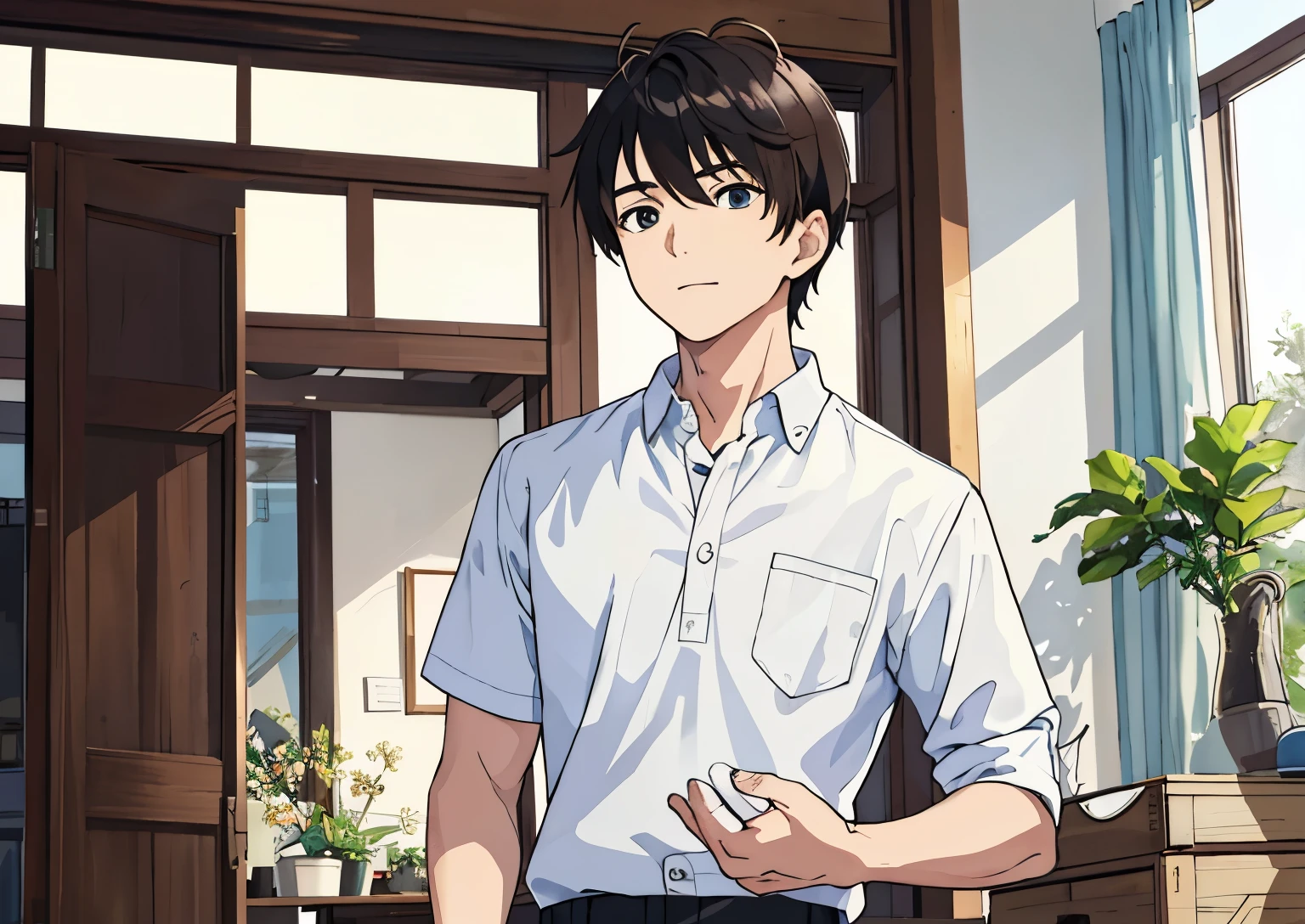 (masterpiece, best quality), 1boy, Talk, Indoor , ,white shirt