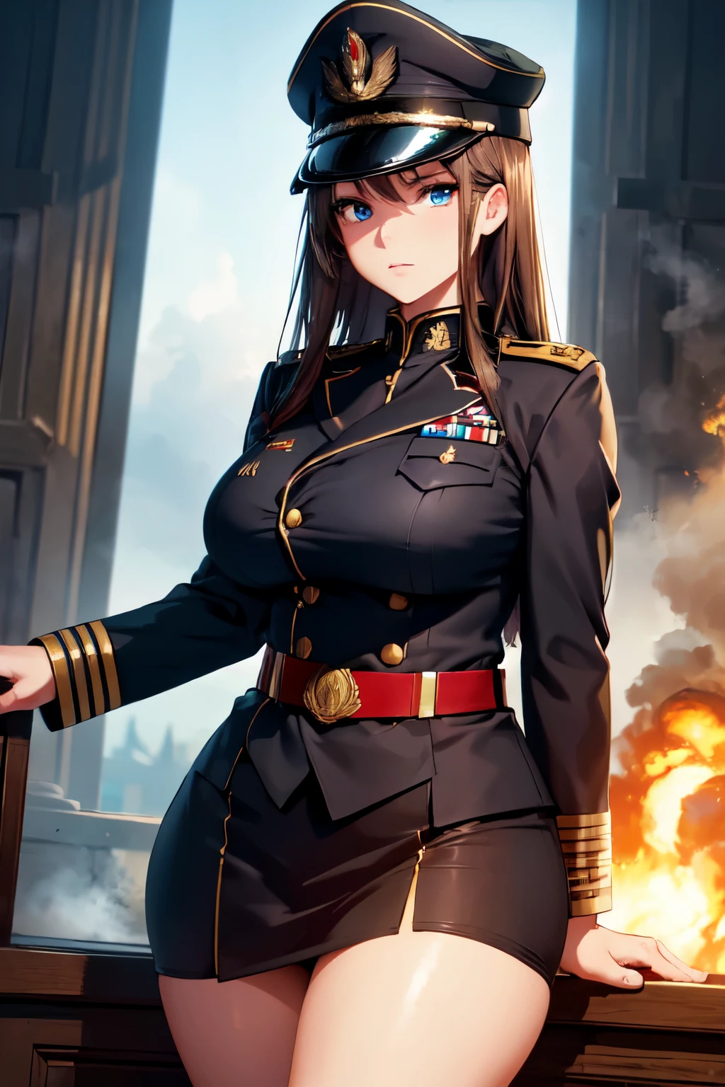 (High quality, High resolution, Fine details), military uniform, military insignia, military cap, (Standing up straight), Background with military elements, solo, curvy women, sparkling eyes, (Detailed eyes), shallow depth of field, dramatic lighting, fog and smoke