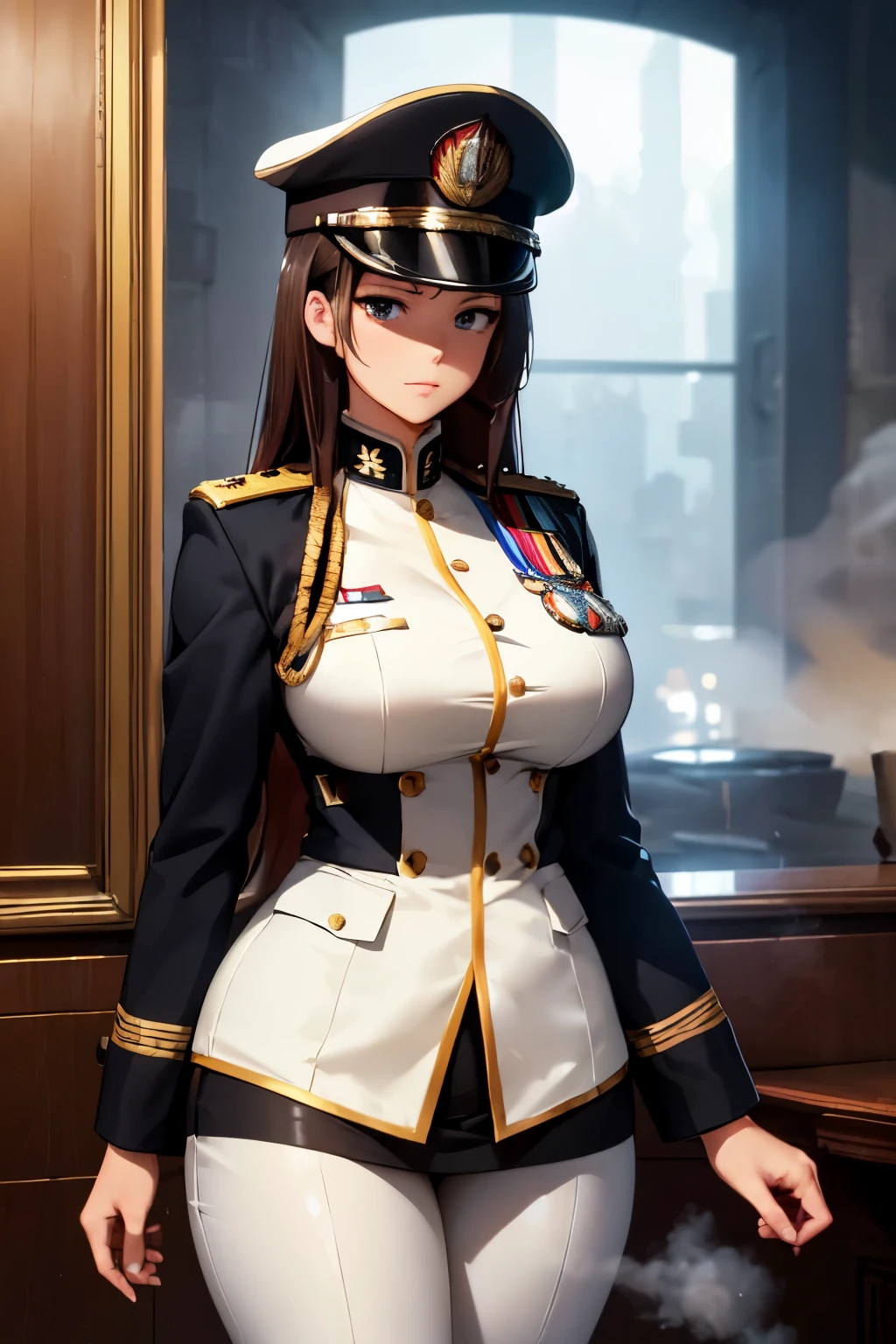 (High quality, High resolution, Fine details), military uniform, military insignia, military cap, (Standing up straight), Background with military elements, solo, curvy women, sparkling eyes, (Detailed eyes), shallow depth of field, dramatic lighting, fog and smoke