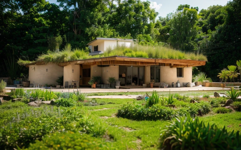 aframe hyperbolic paraboloid waved greenroof, trees vegetation in background