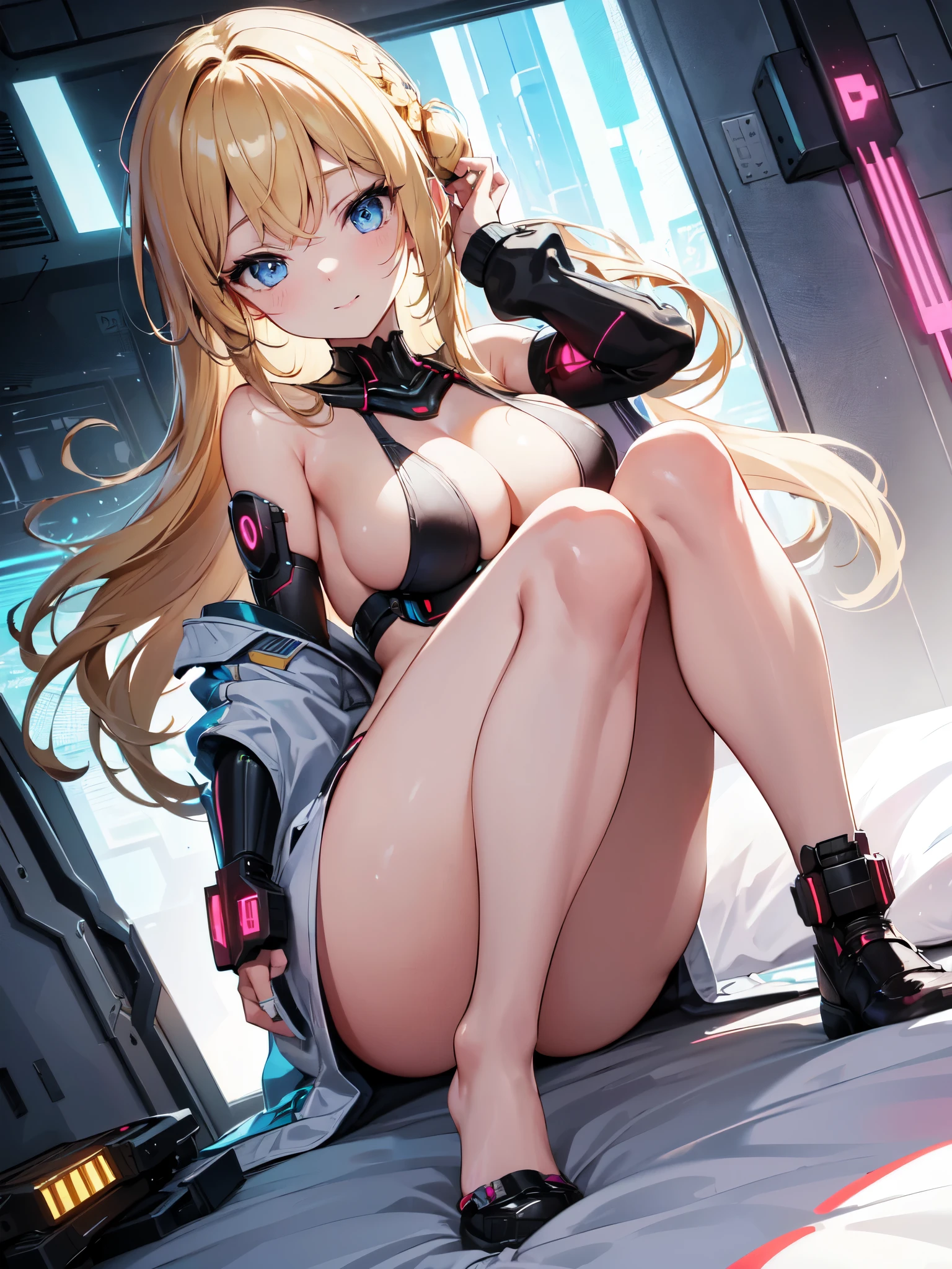 ((masterpiece, best quality)), High resolution, distinct image, (1girl), (solo), (female Focus), light smile, laying on bed, Arms raised (naked), (blonde side braid hair 1.2), (blue eyes), (eyelashes), (large breasts 1.4), cyberpunk bedroom, cyberpunk , oficial art, NSFW, blush