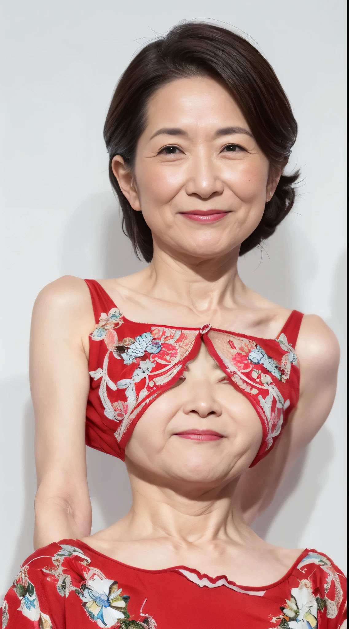 (((Solo))), Elderly Mature Woman, Pure white background, gravure, lower your arms straight down, facing front, ((Center your face on the screen)), Correctly depict lips,red-lips, Fancy makeup, from the chest up, masutepiece, Best Quality, Ultra-detailed, Photorealistic, Ultra-detailed細なスキン, Perfect Anatomy, (1 japanese mature woman), (Positive), 95 years old, huge udder, Mature Woman Politician, glamor, A sexy, Chromo-white skin, Looking at Viewer,