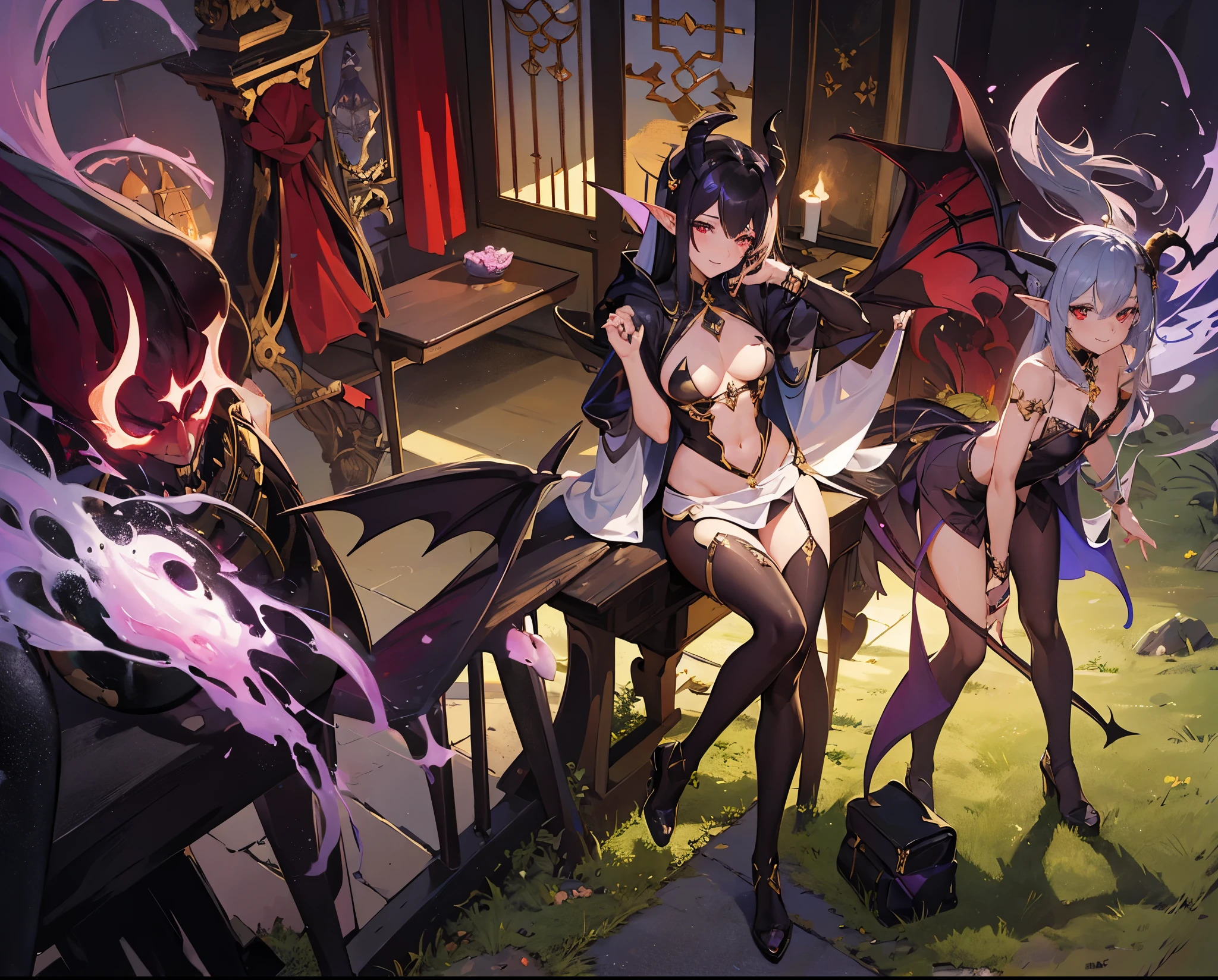a beauty girl,Hair over the shoulder,succubi,pointy ears,goat horn,Whitish skin tone,grin,Magic pupil,The demons,The demons翅膀,Bat wings growing on the back,Crop topping,Sexy dressing