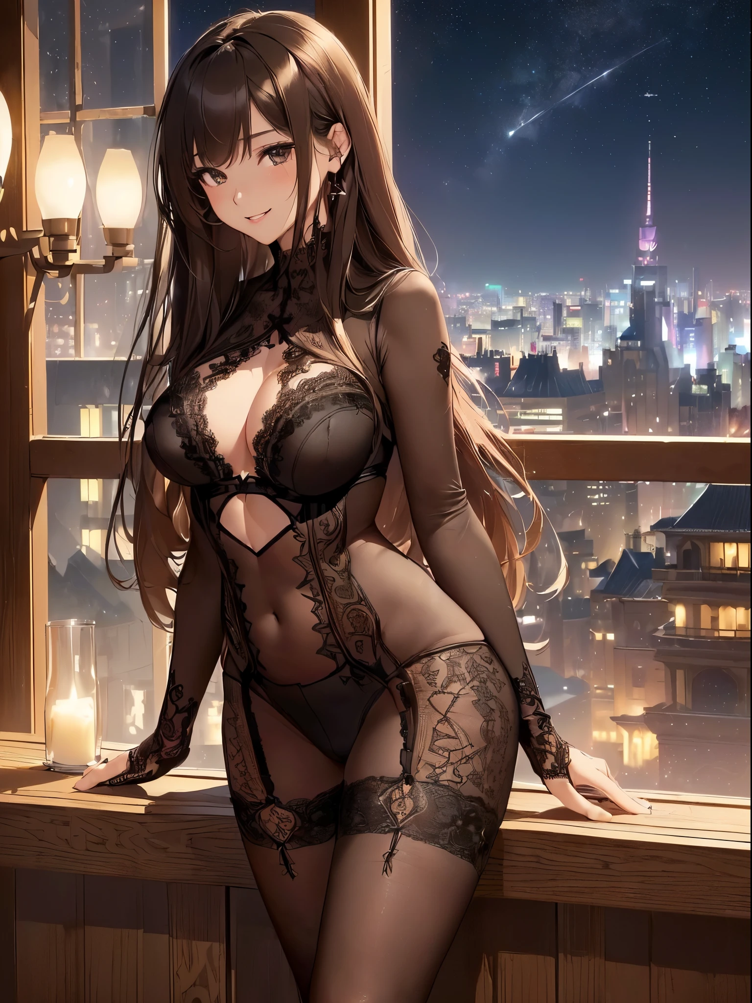 top-quality、Top image quality、masterpiece、Angle seen from the side、beautiful gothic woman((20yr old、Best Bust、big bast、Bust 90,Beautiful long hair、A slender、a closeup、Esbian、Beautiful underwear、hiquality、Beautiful Art、Luxury hotel in the city、Bedrooms、masutepiece、visualart、depth of fields、、、🎵、Happy smile、、、Beautiful legs that are gentle on the skin、、Number of fingers to achieve precise finger movements、nffsw、nffsw、Kime Pose!Brown hair、、her clothes are black underwear、Fine embroidery、Beautiful pattern、Racing、Feet in black stockings、How about?seductiv、Spread the legitimate starry sky out to the window、beautiful night scene、Sexy mood、Sexy Night.nffsw、Skin-tight sexy leggings and black stockings、Standing in front of the night view of the city covered entirely in glass、nsfw
(gorgeous body stocking:1.3), (intricate lace:1.4), (see thorough:1.5),