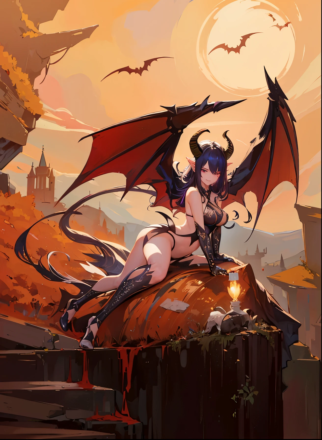 full body shot shot,portrait,solo person,a beauty girl,Hair over the shoulder,succubi,pointy ears,goat horn,high-heels,Whitish skin tone,比基尼,grin,Magic pupil,The demons,The demons翅膀,Bat wings growing on the back,Crop topping,Sexy dressing,