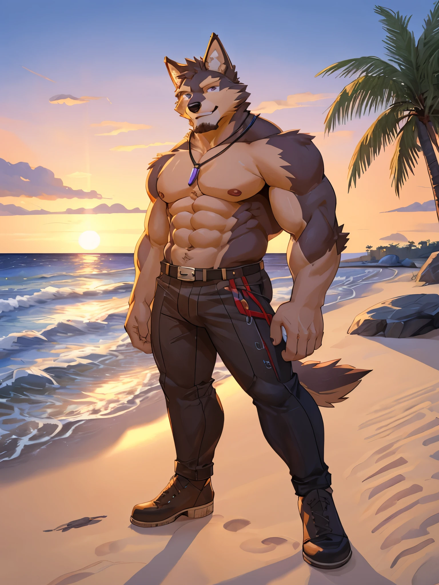 Masterpiece, Solo, Masterpiece, Pubraseer, Furry Dog Shepherd, Brown Furs, Purple Eyes, Smiling, Muscular Body, Comfortable, Warm, Charm pose, Beach, Sunset .