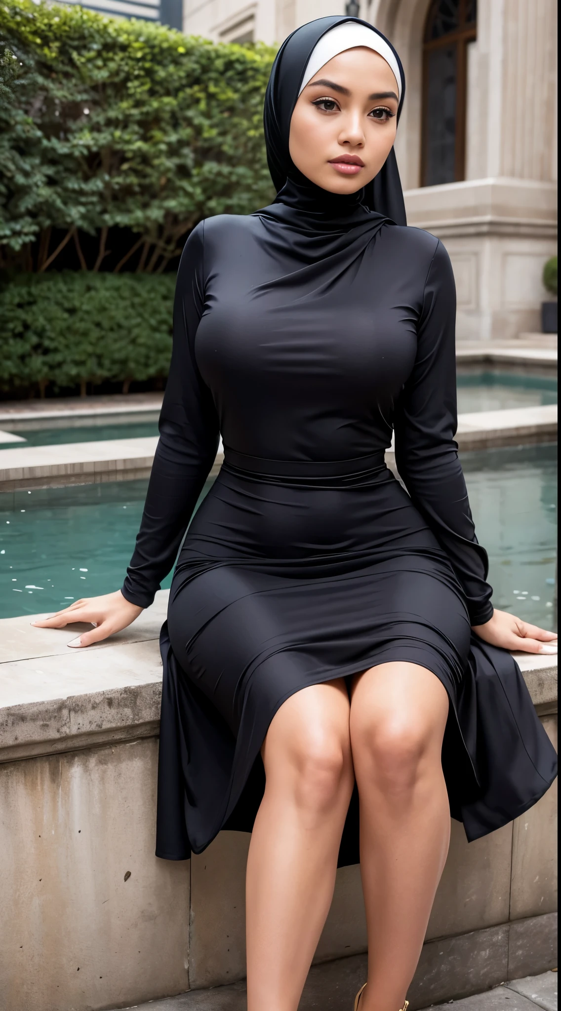 RAW, Best quality, high resolution, masterpiece: 1.3), beautiful Malay woman in hijab,Masterpiece, perfect slim fit body, big breast,big gorgeous eyes, Soft smile,beutiful face,a woman wearing a black and white checkered dress with a black purse, sitting, modest flowing gown, full covered dress, sophisticated dress, modestly dressed, elegant dress, elegant and graceful, stylish dress, elegant clothes, detailed dress, detailed dress and face, detailed picture, wearing an elegant dress, (Delicate turtleneck) , shairband, afternoon walk, City garden, Excellent lighting, Bright colors, Clean lines,close up