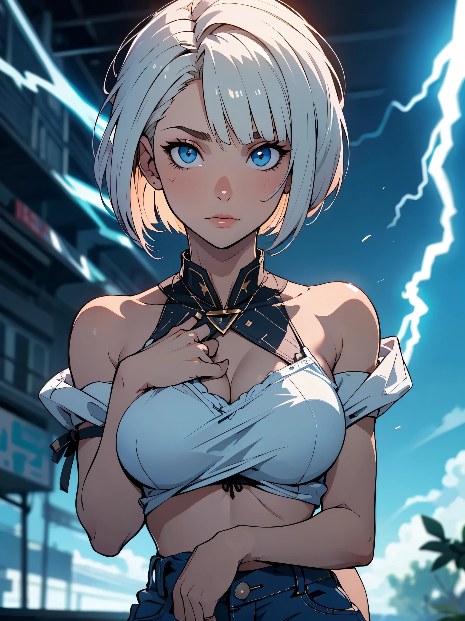 &Quot;((oficina)), qualidade perfeita, gordura, Abaulamento, corpo inteiro, beleza estonteante, Jeanfavonian, seios pequenos, (Anime de alta qualidade), irritado, corar, Standing on the street near the river next to the village, hands on the chest, Looking at the Viewer, sem manoplas. Cabelo curto (((short bob hair soprando ao vento))), the background is simple and blue, and the gaze is directed downward at a low angle, a bright lightning bolt.