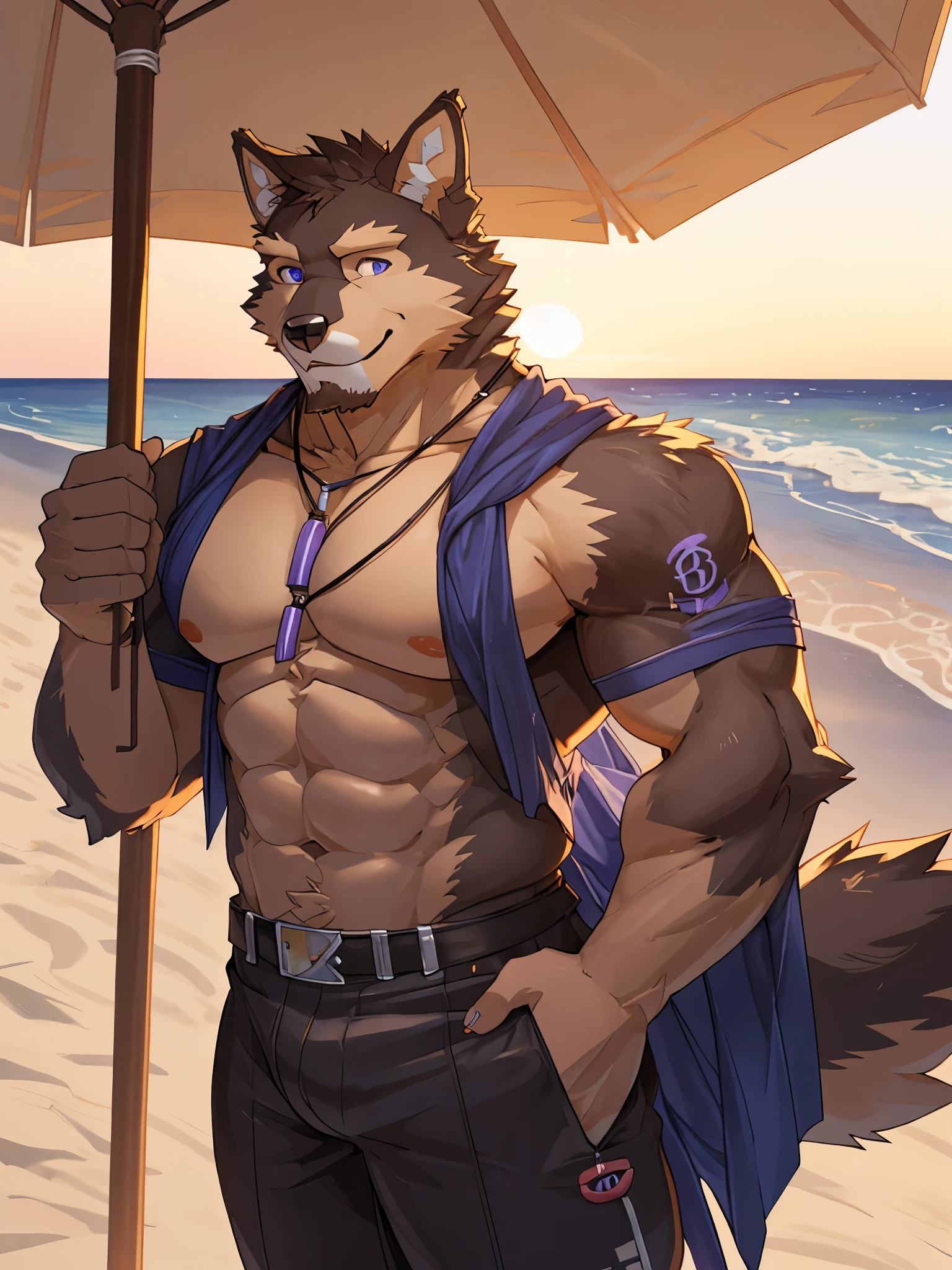 Masterpiece, Solo, Masterpiece, Pubraseer, Furry Dog Shepherd, Brown Furs, Purple Eyes, Smiling, Muscular Body, Comfortable, Warm, Charm pose, Beach, Sunset .