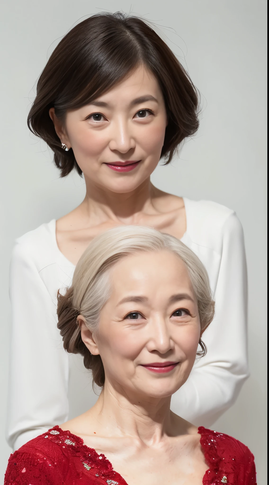 (((Solo))), Elderly Mature Woman, Pure white background, gravure, lower your arms straight down, facing front, ((Center your face on the screen)), Correctly depict lips,red-lips, Fancy makeup, from the chest up, masutepiece, Best Quality, Ultra-detailed, Photorealistic, Ultra-detailed細なスキン, Perfect Anatomy, (1 japanese mature woman), (Positive), 95 years old, huge udder, Mature Woman Politician, glamor, A sexy, Chromo-white skin, Looking at Viewer,