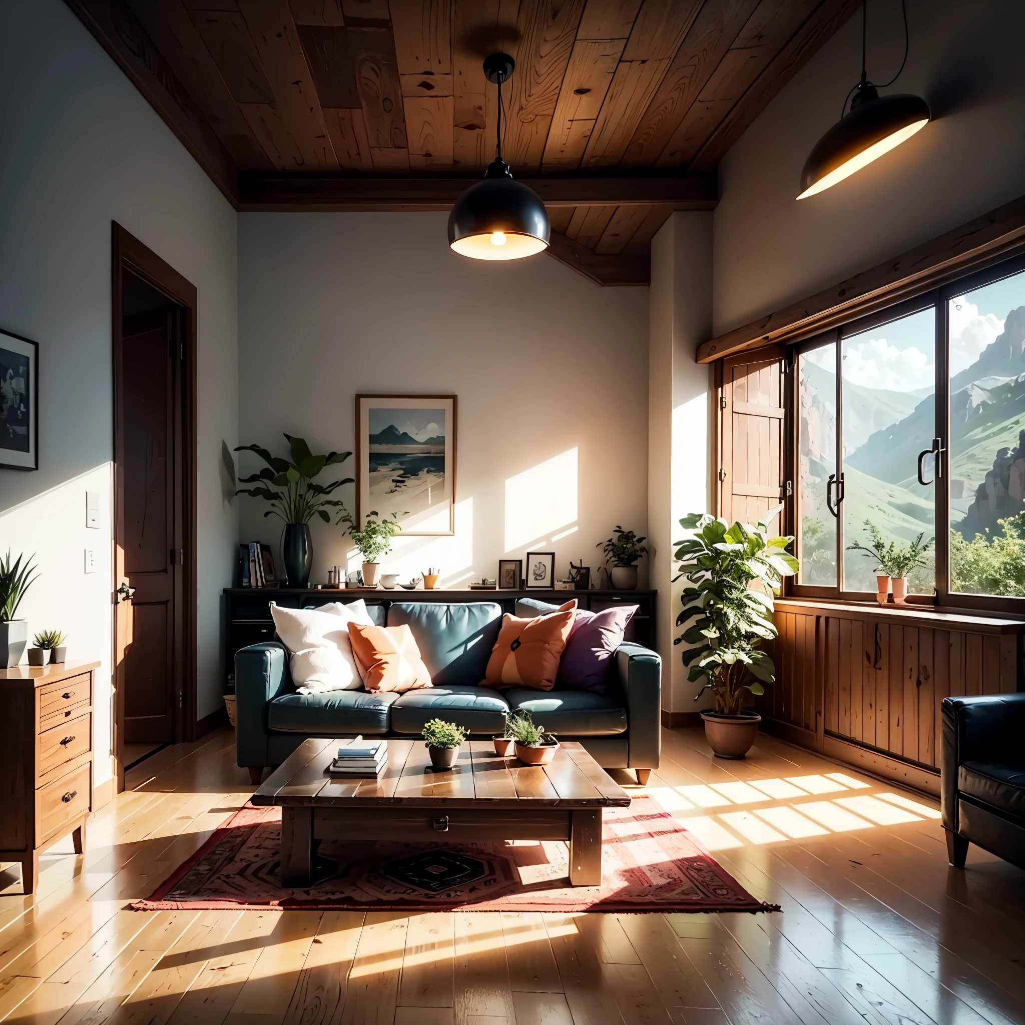 interior design, living room, using the following materials in a harmonious and coherent way with an original style, a zen touch blending stumps, cgi, epoxy, fire, glossy, amber, amethyst, damascus titanium, magma, oak wood, wooden, voxel, planks, 4k, far shot, dramatic lighting, dual lighting, brutalism, color field painting, hyper realism, hypermaximalistic, intricate maximalist, junglecore, biophilic design, modernismo, naturalism, prehistoricore, tropical, zen, biophilic interior design, boho interior design, industrial interior design, minimal interior design, moorish interior design, moroccan interior design, neolithic interior design, valley background penthouse highres