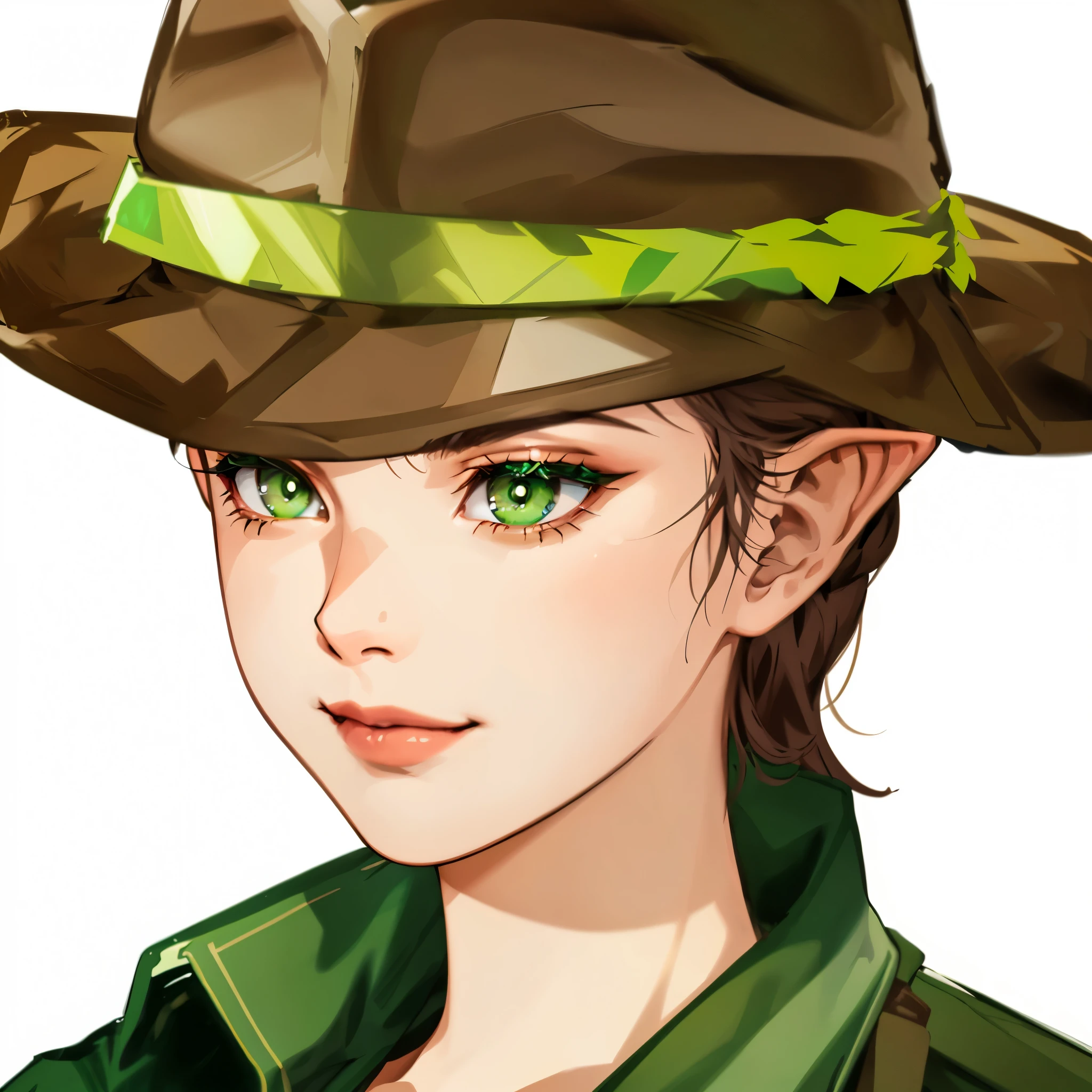 a close up of a girl wearing a hat and green eyes, portrait of a female ranger, gorgeous jungle ranger, forest hunter lady, scout boy, rpg character avatar, rugged female ranger, female sheriff, portrait of a rugged ranger, female elf ranger, character with brown hat, expert shading