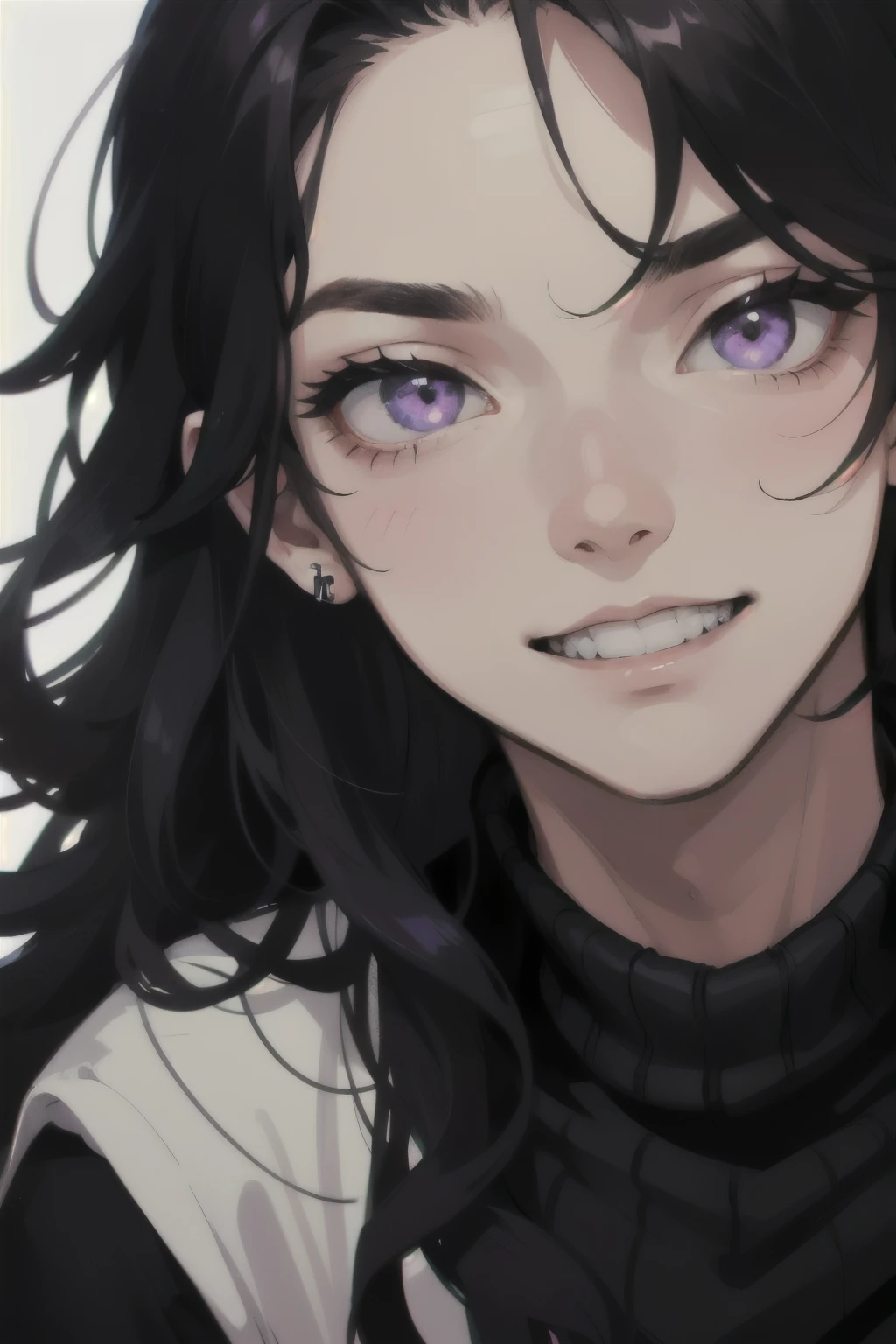 A teenage boy with long, wavy black hair, piercing violet eyes, wearing a black sweater, gazes at the viewer with a psychotic facial expression, sporting a sinister smile and baring his teeth, against a blank white background, close up.