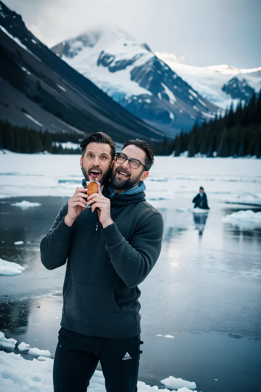 man, ((adult:1.5)), 40 years old, (masculine features), middle aged, shared oversized turtleneck, standing,boot,hood,((beard)),snow,posing in front of a frozen lake in alaska as an whale jumps from the water,cold,frozen, winter, yoga pants, (big bulge) , pensive, 8k, photography, realistic, Swedish, conjoined dicephalus, two heads, glaciers in background, with stuff, eating a hotdog,((2heads))